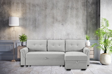 Hunter 84" Light Gray Linen Reversible Sleeper Sectional Sofa With Storage Chaise Light Gray Linen