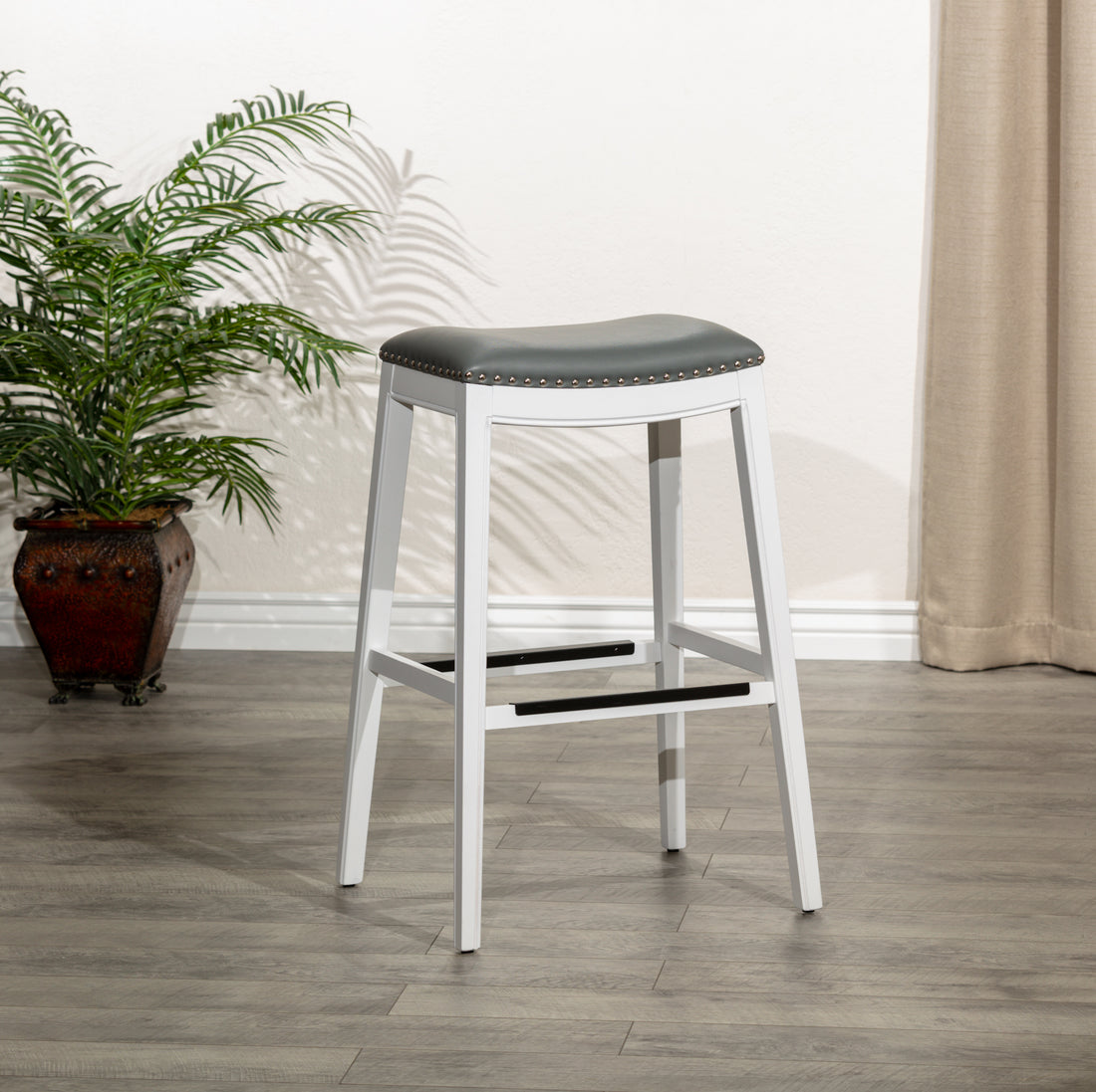 30" Bar Height Saddle Stool, White Finish, Gray Leather Seat White Polyester Bonded Leather