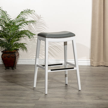 30" Bar Height Saddle Stool, White Finish, Gray Leather Seat White Polyester Bonded Leather