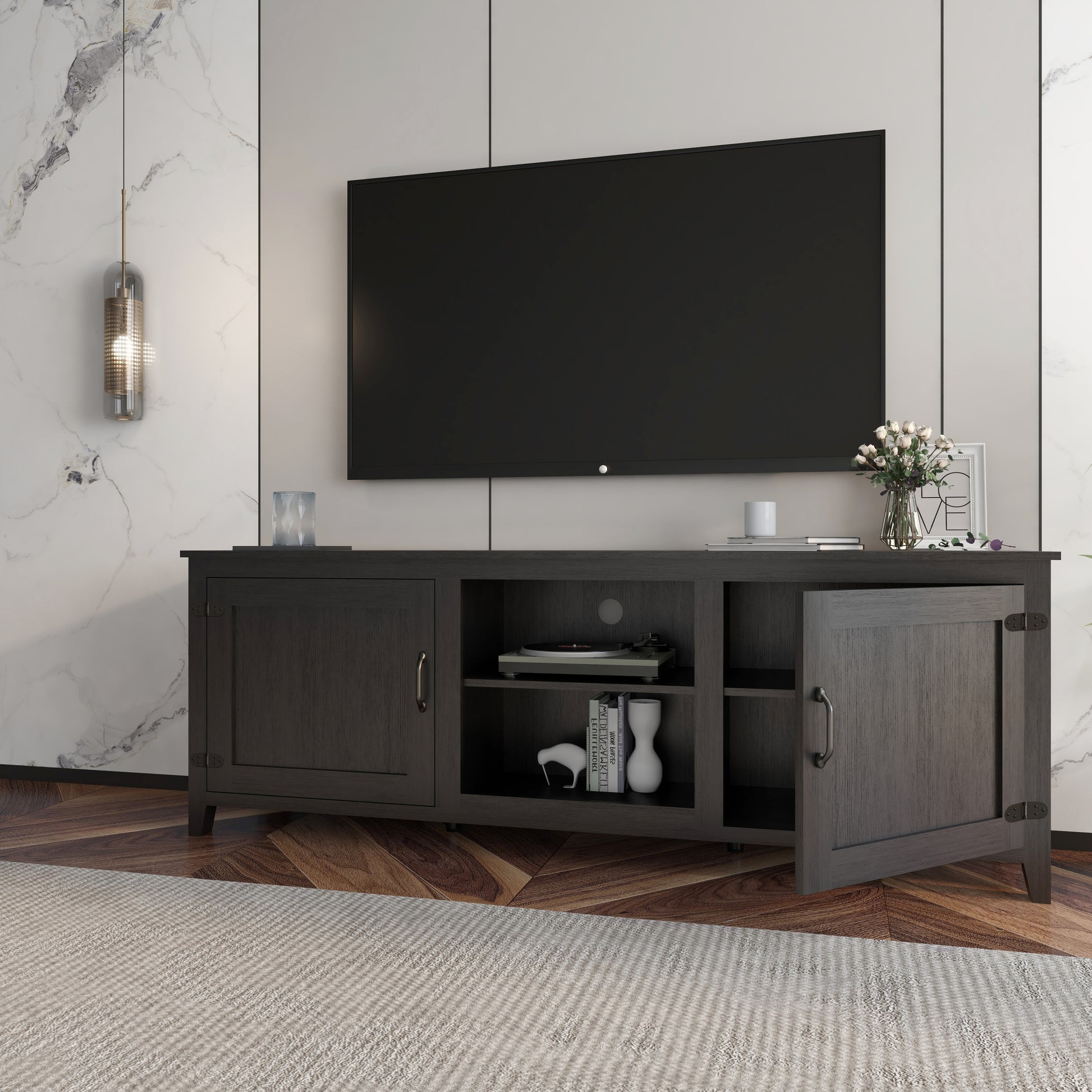 Tv Stand Storage Media Console Entertainment Center,Tradition Black,With Doors Black Particle Board