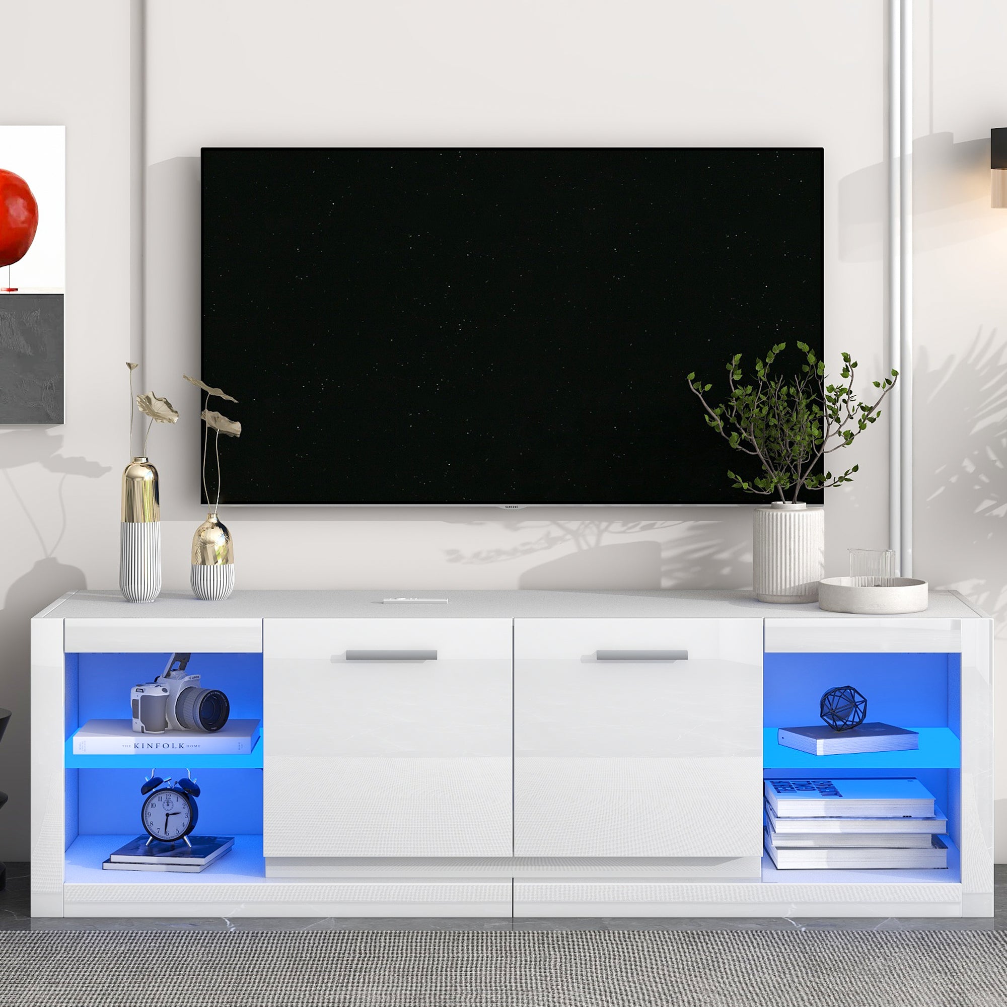 ON TREND Modern TV Stand with 2 Tempered Glass white-particle board