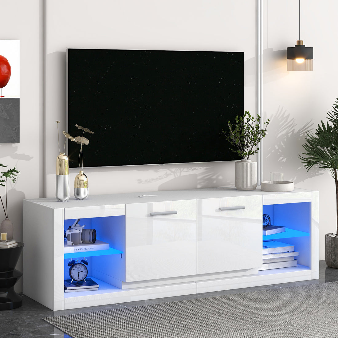 Modern Tv Stand With 2 Tempered Glass Shelves, High Gloss Entertainment Center For Tvs Up To 70'', Elegant Tv Cabinet With Led Color Changing Lights For Living Room, White White 70 79 Inches Particle Board