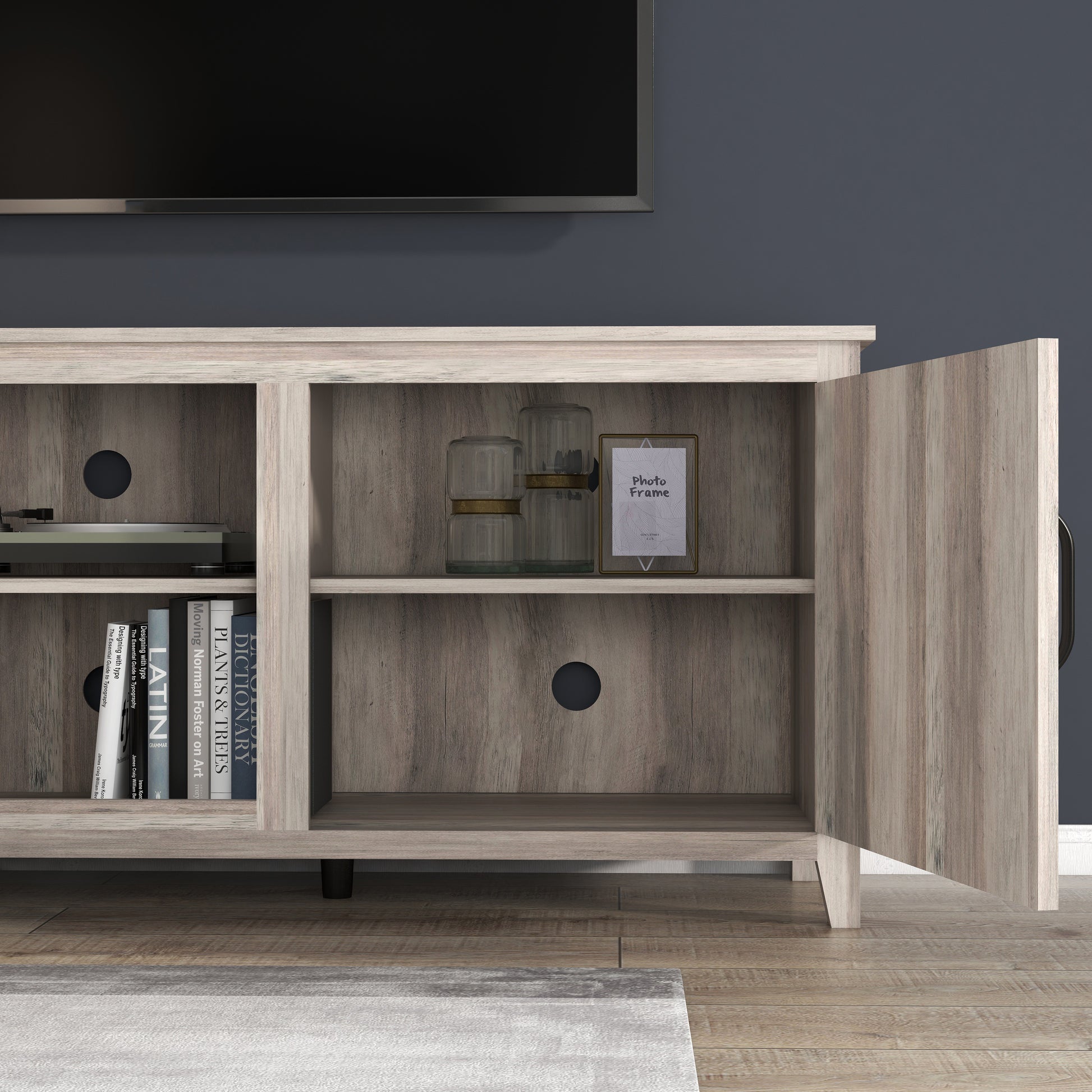 Tv Stand Storage Media Console Entertainment Center With Two Doors, Grey Walnut Grey 70 79 Inches Particle Board