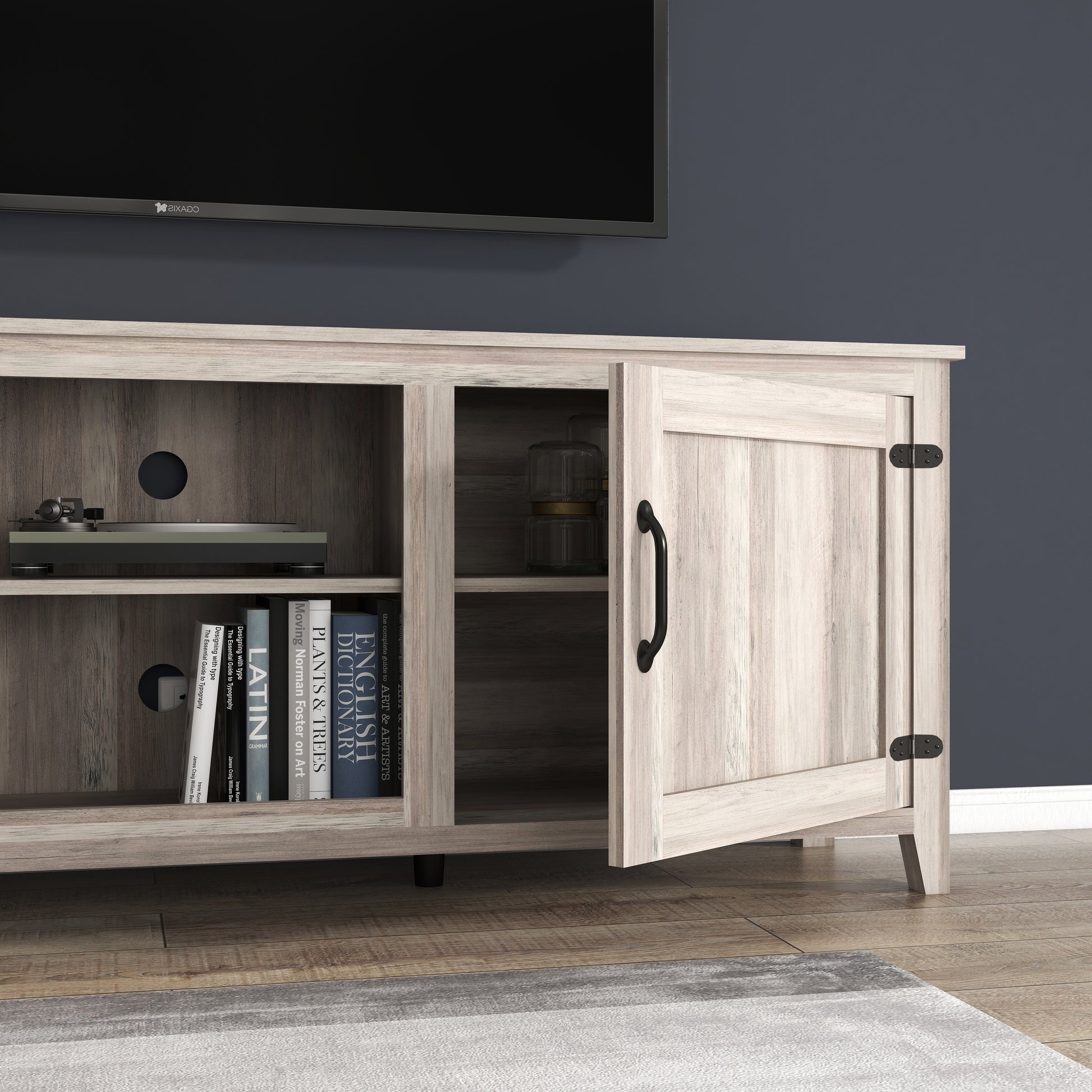 Tv Stand Storage Media Console Entertainment Center With Two Doors, Grey Walnut Grey 70 79 Inches Particle Board