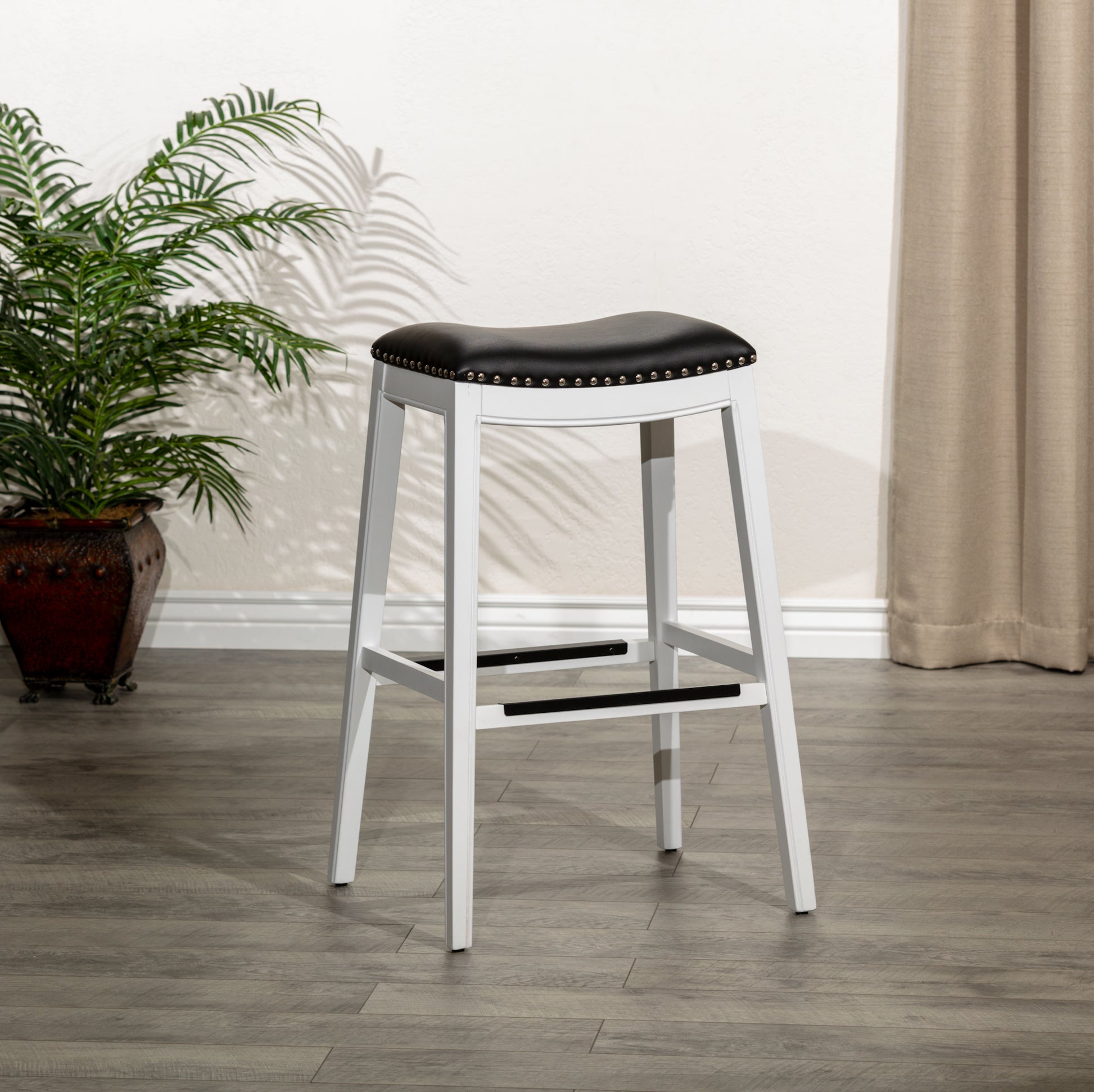 30" Bar Stool, White Finish, Black Leather Seat White Bonded Leather