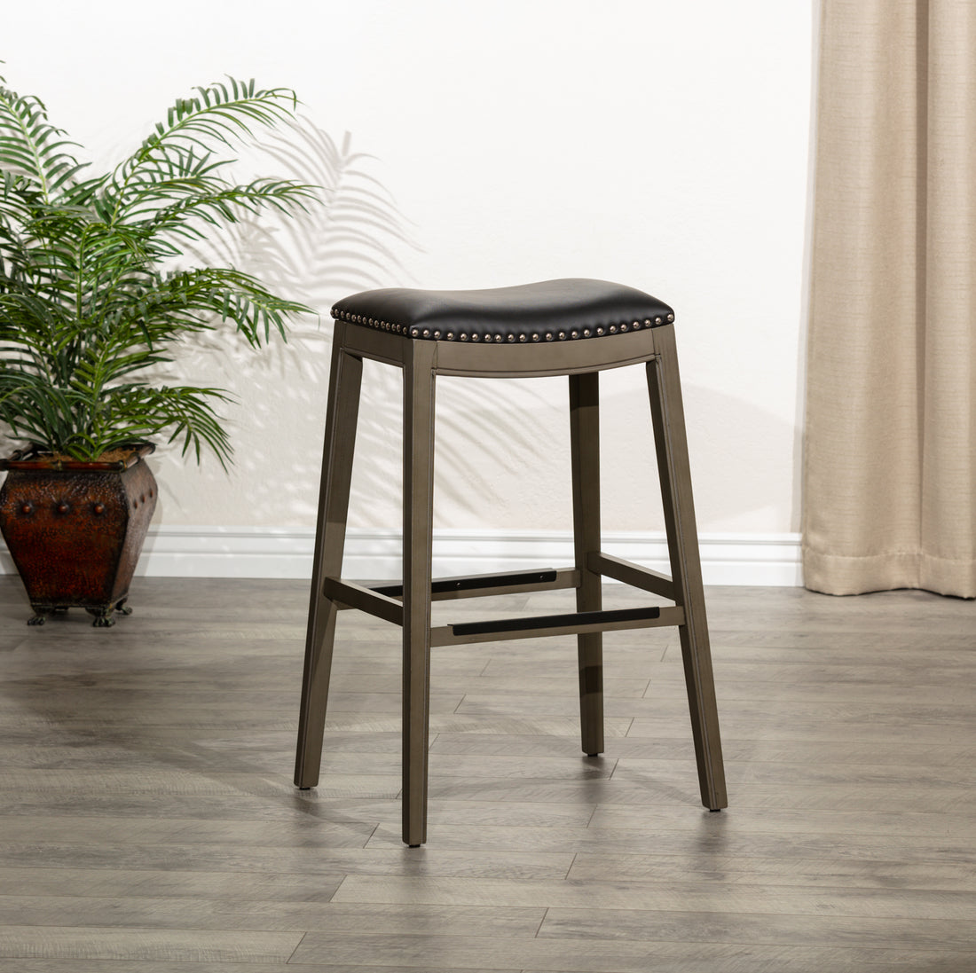 30" Bar Height Saddle Stool, Weathered Gray Finish, Black Leather Seat Gray Polyester Bonded Leather