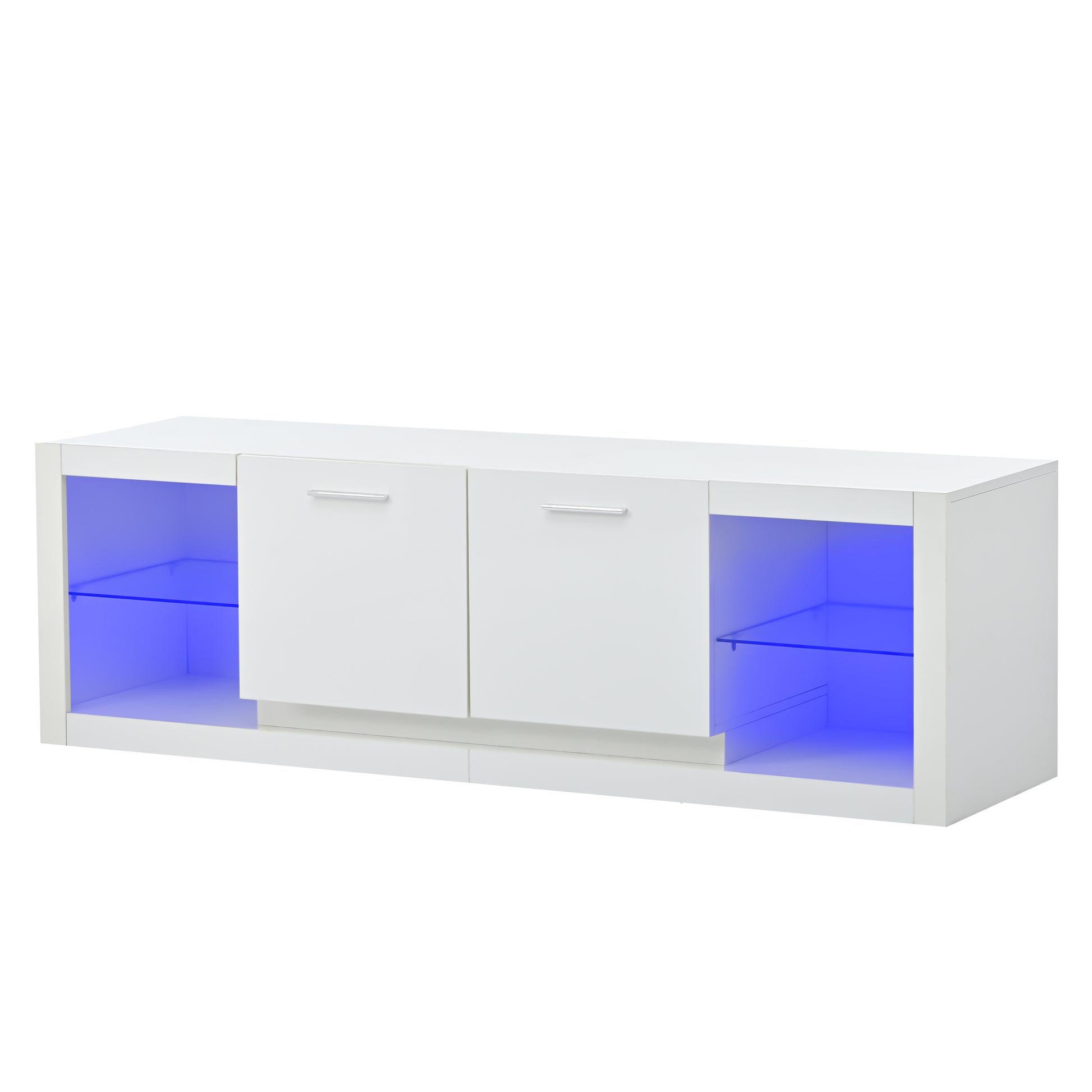 Modern Tv Stand With 2 Tempered Glass Shelves, High Gloss Entertainment Center For Tvs Up To 70'', Elegant Tv Cabinet With Led Color Changing Lights For Living Room, White White 70 79 Inches Particle Board