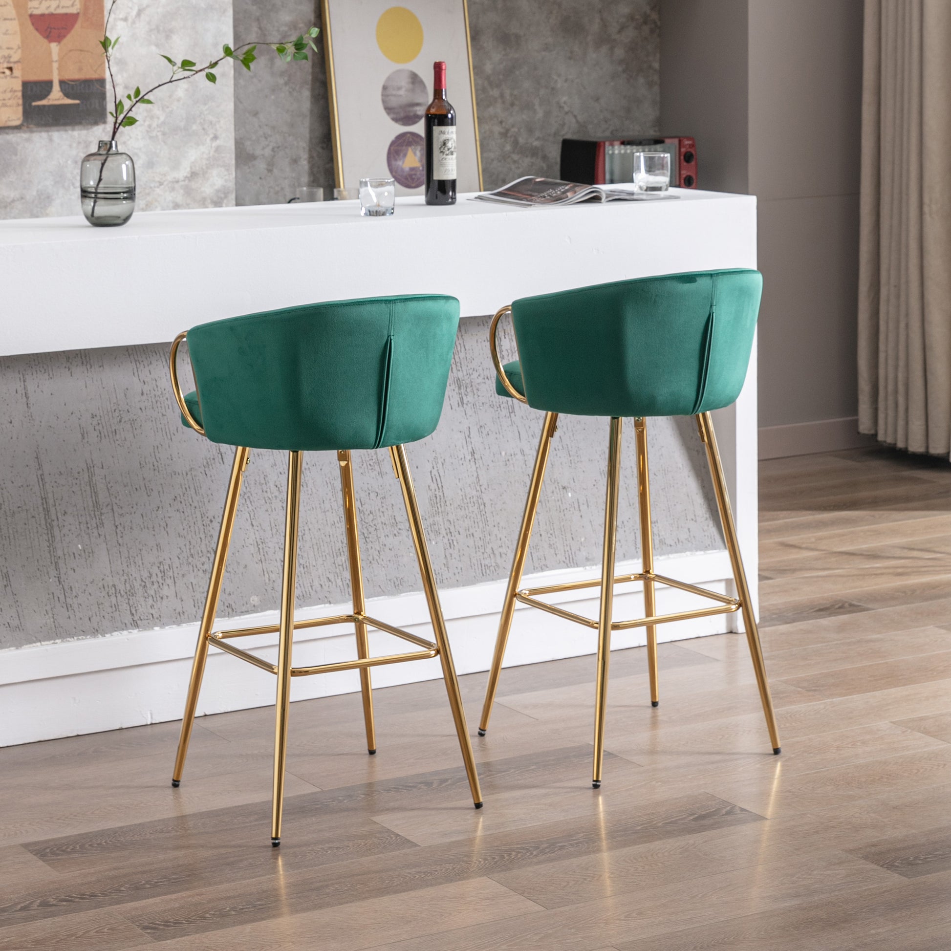 26 Inch Set Of 2 Bar Stools,With Chrome Footrest And Base Velvet Golden Leg Simple Bar Stool,Green Green Foam Fabric