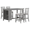 5 Piece Multi Functional Rubber Wood Counter Height Dining Set With Padded Chairs And Integrated 9 Bar Wine Compartment, Wineglass Holders For Dining Room Gray Gray Solid Wood