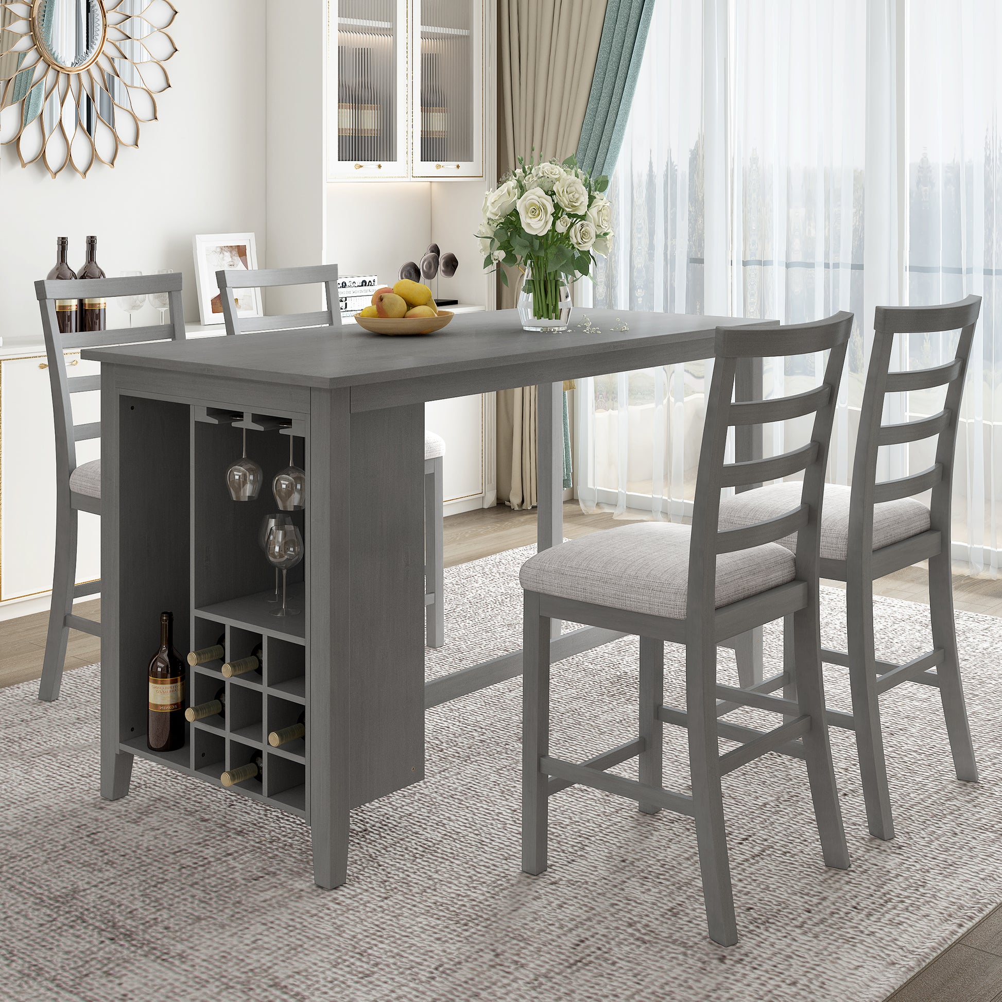 5 Piece Multi Functional Rubber Wood Counter Height Dining Set With Padded Chairs And Integrated 9 Bar Wine Compartment, Wineglass Holders For Dining Room Gray Gray Solid Wood