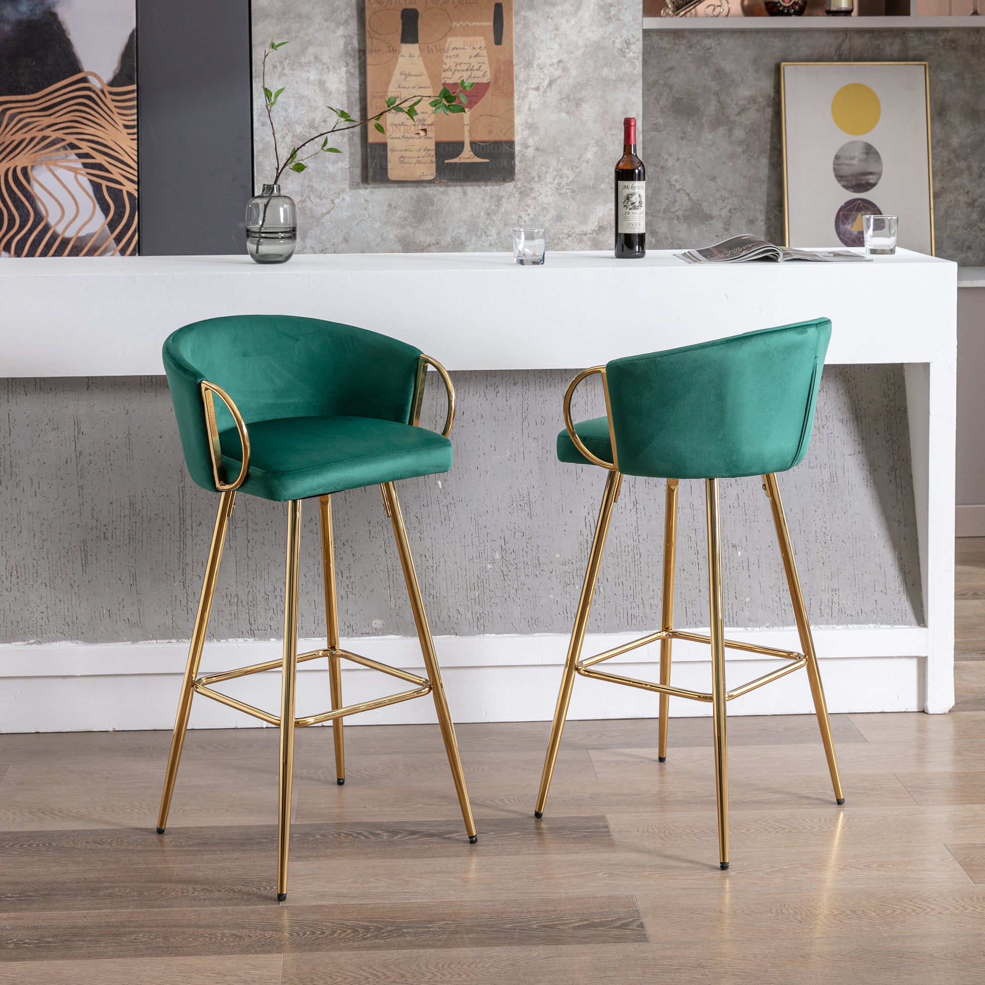 26 Inch Set Of 2 Bar Stools,With Chrome Footrest And Base Velvet Golden Leg Simple Bar Stool,Green Green Foam Fabric