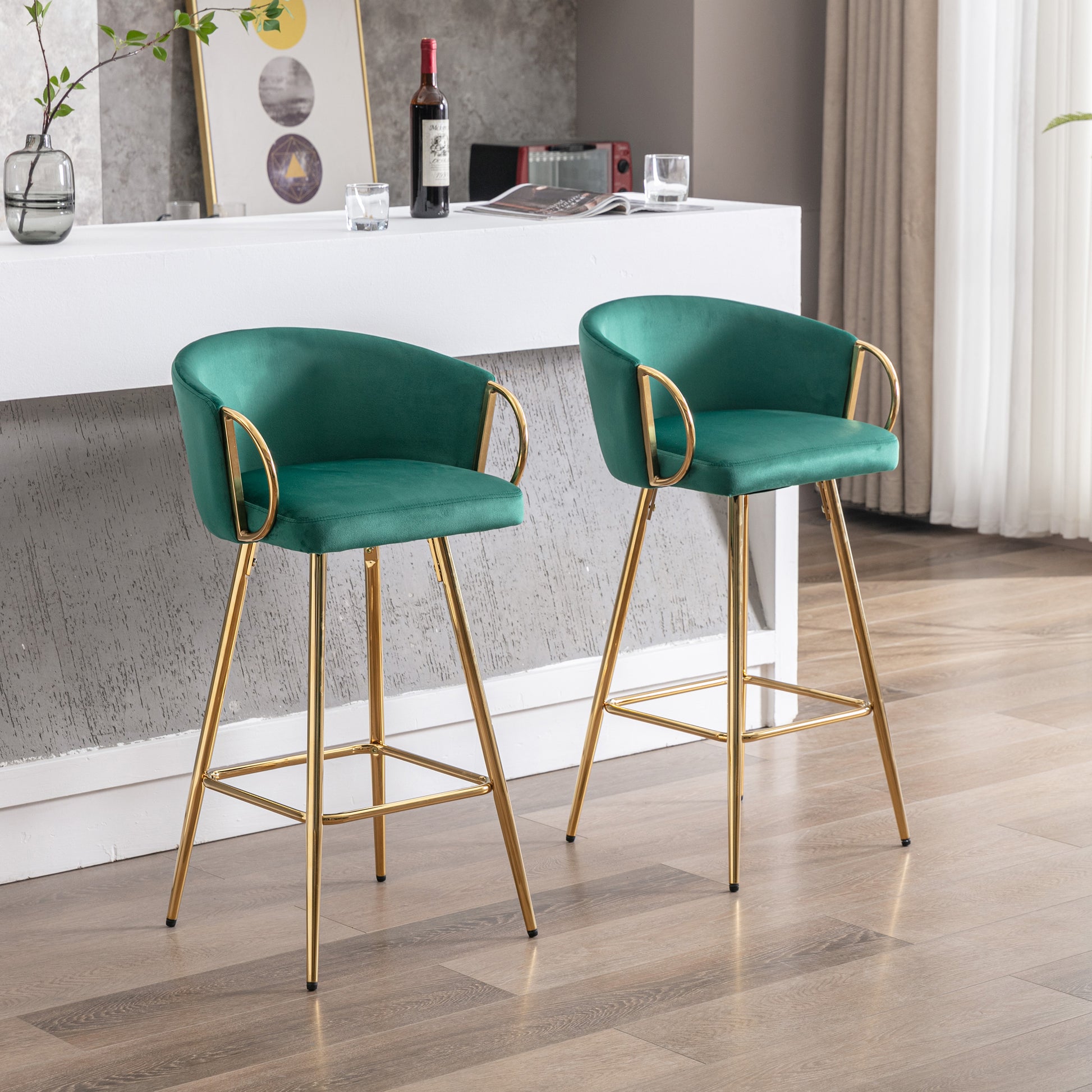 30 Inch Set Of 2 Bar Stools,With Chrome Footrest And Base Velvet Golden Leg Simple Bar Stool,Green Green Foam Fabric
