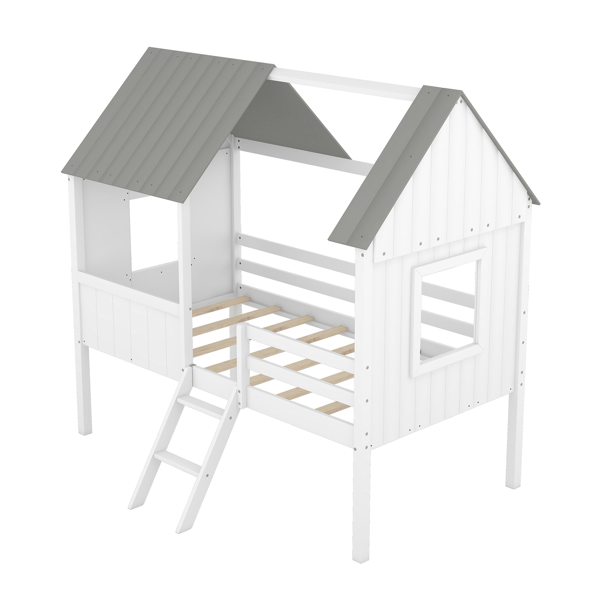 Twin Size Low Loft Wood House Bed With Two Side Windows White Gray Old Sku: Lp000037Aae Gray Solid Wood