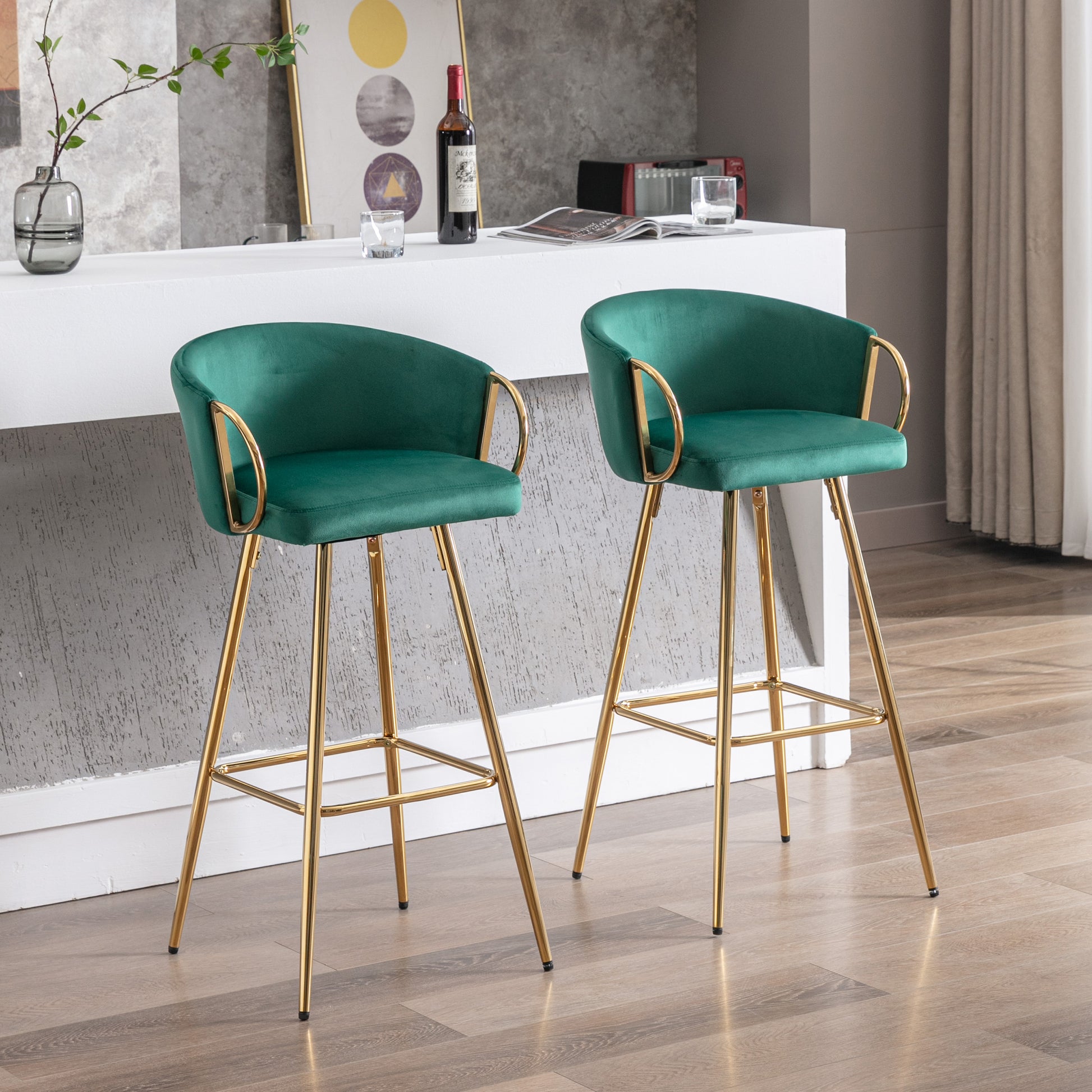 26 Inch Set Of 2 Bar Stools,With Chrome Footrest And Base Velvet Golden Leg Simple Bar Stool,Green Green Foam Fabric