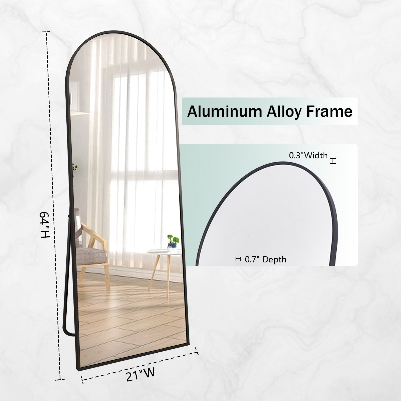 Full Length Mirror 64"X21" Sleek Arched Top Floor