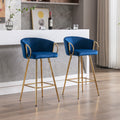 26 Inch Set Of 2 Bar Stools,With Chrome Footrest Velvet Golden Leg Simple Bar Stool,Blue Blue Foam Fabric