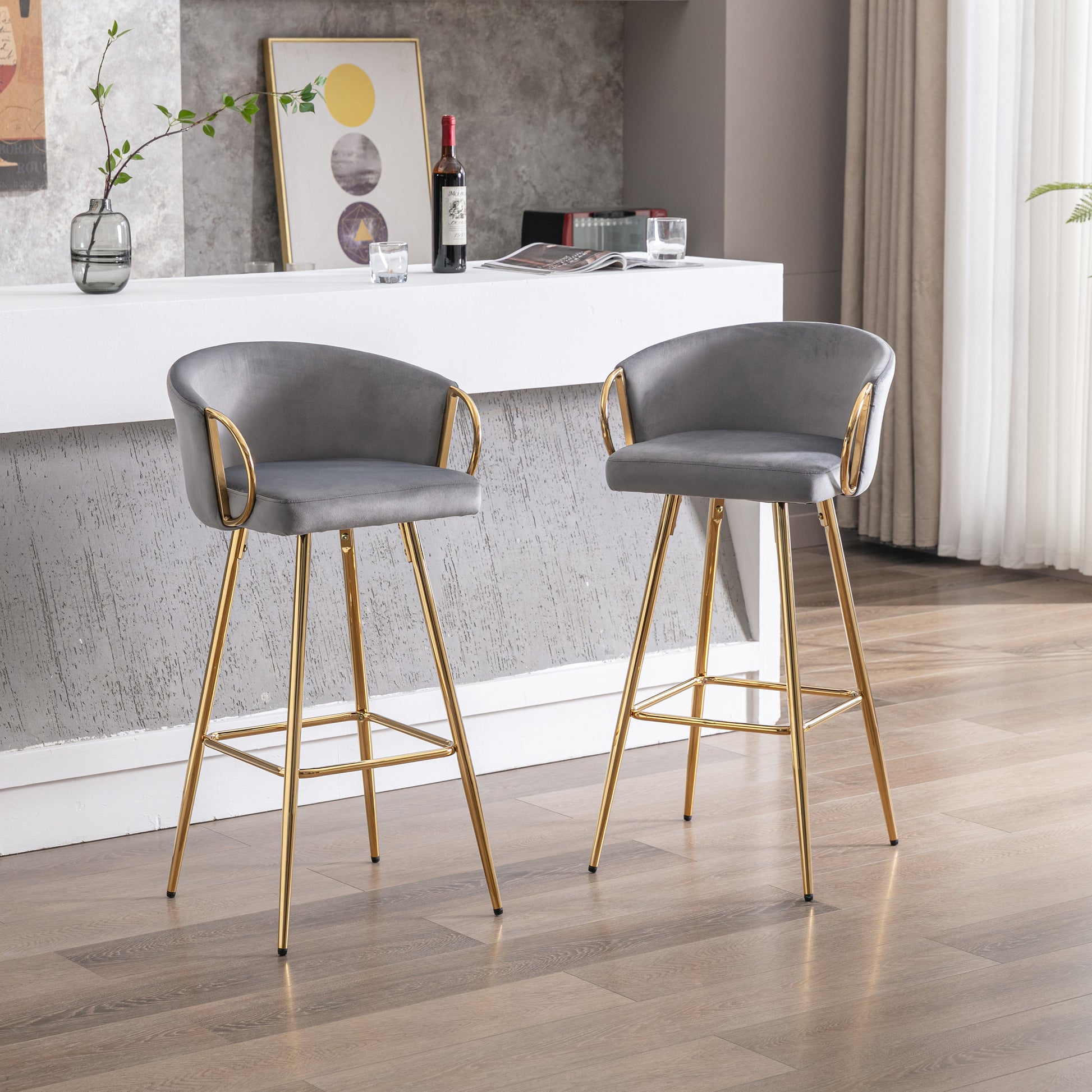 30 Inch Set Of 2 Bar Stools,With Chrome Footrest And Base Velvet Golden Leg Simple Bar Stool,Gray Gray Foam Fabric