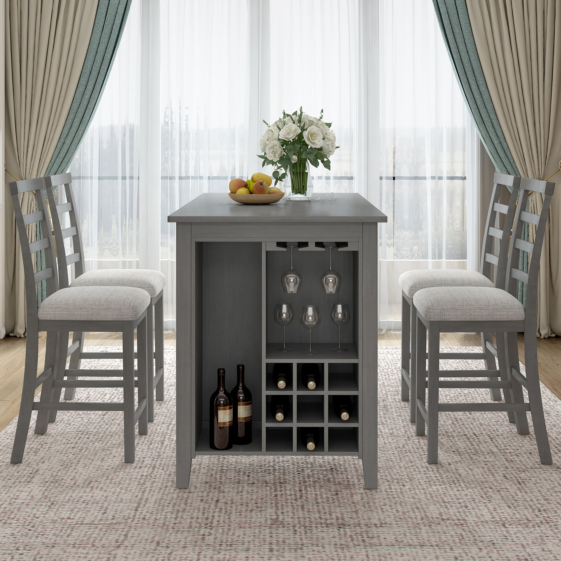 5 Piece Multi Functional Rubber Wood Counter Height Dining Set With Padded Chairs And Integrated 9 Bar Wine Compartment, Wineglass Holders For Dining Room Gray Gray Solid Wood