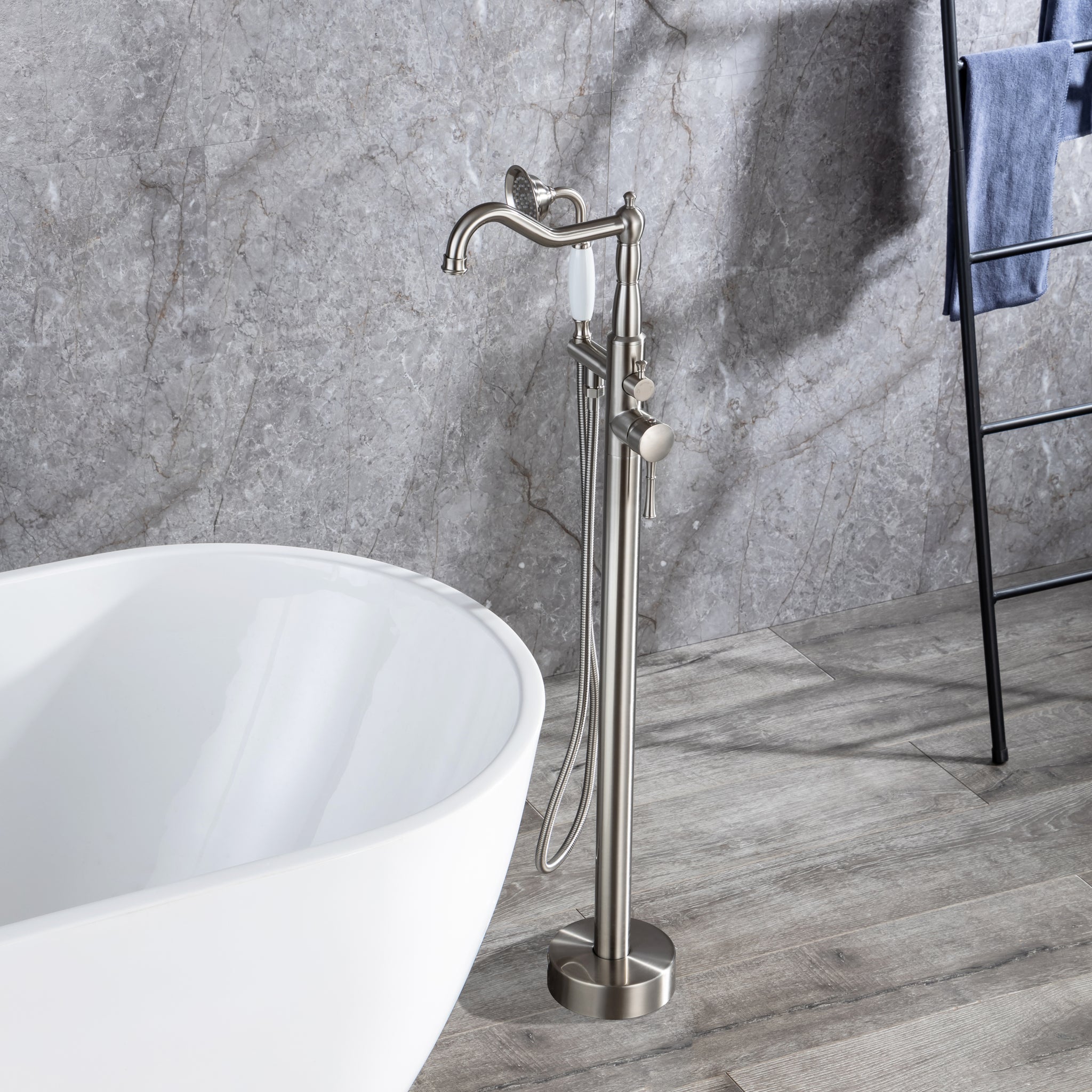 Freestanding Bathtub Faucet Tub Filler Free Standing brushed nickel-metal