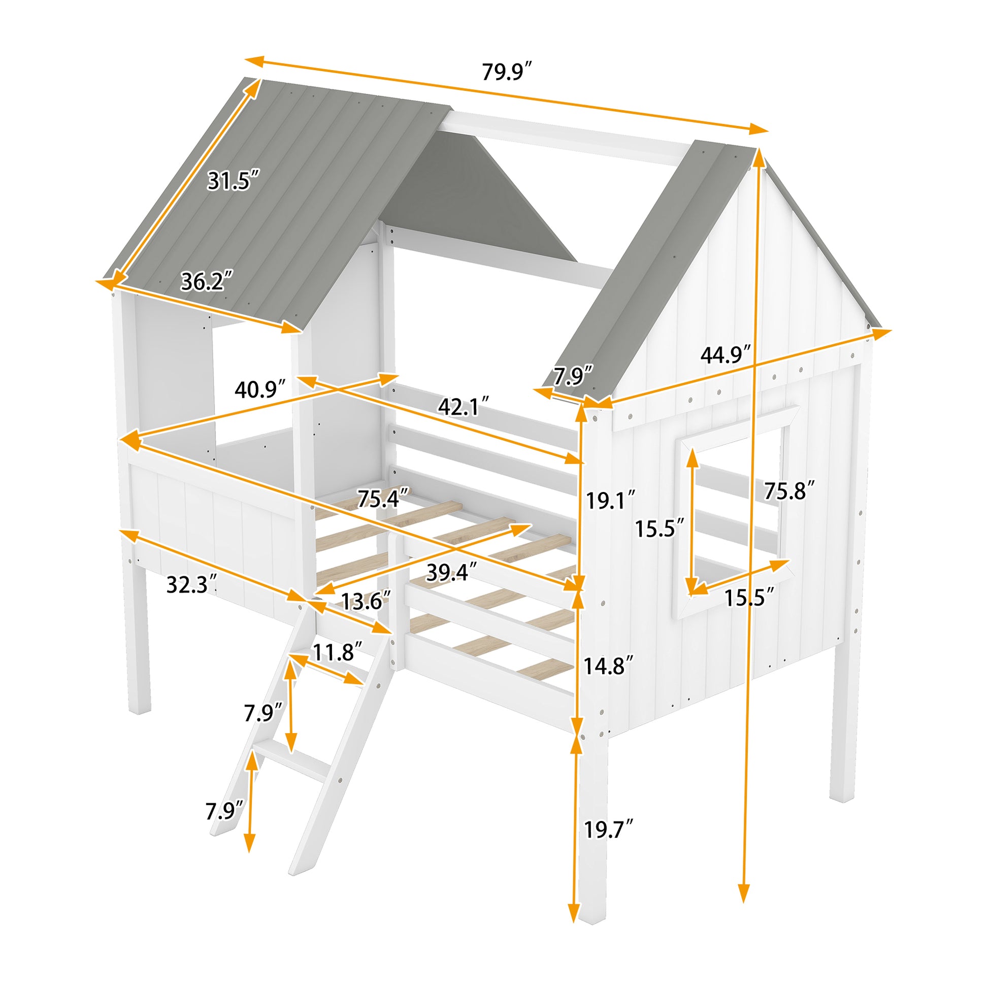 Twin Size Low Loft Wood House Bed With Two Side Windows White Gray Old Sku: Lp000037Aae Gray Solid Wood