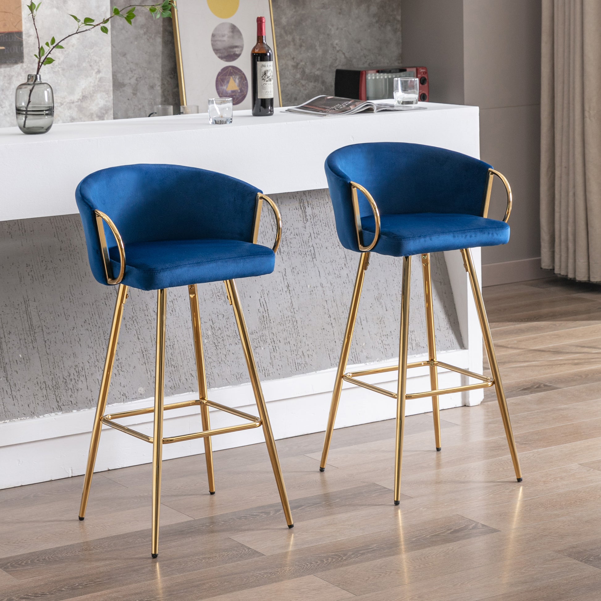 26 Inch Set Of 2 Bar Stools,With Chrome Footrest Velvet Golden Leg Simple Bar Stool,Blue Blue Foam Fabric