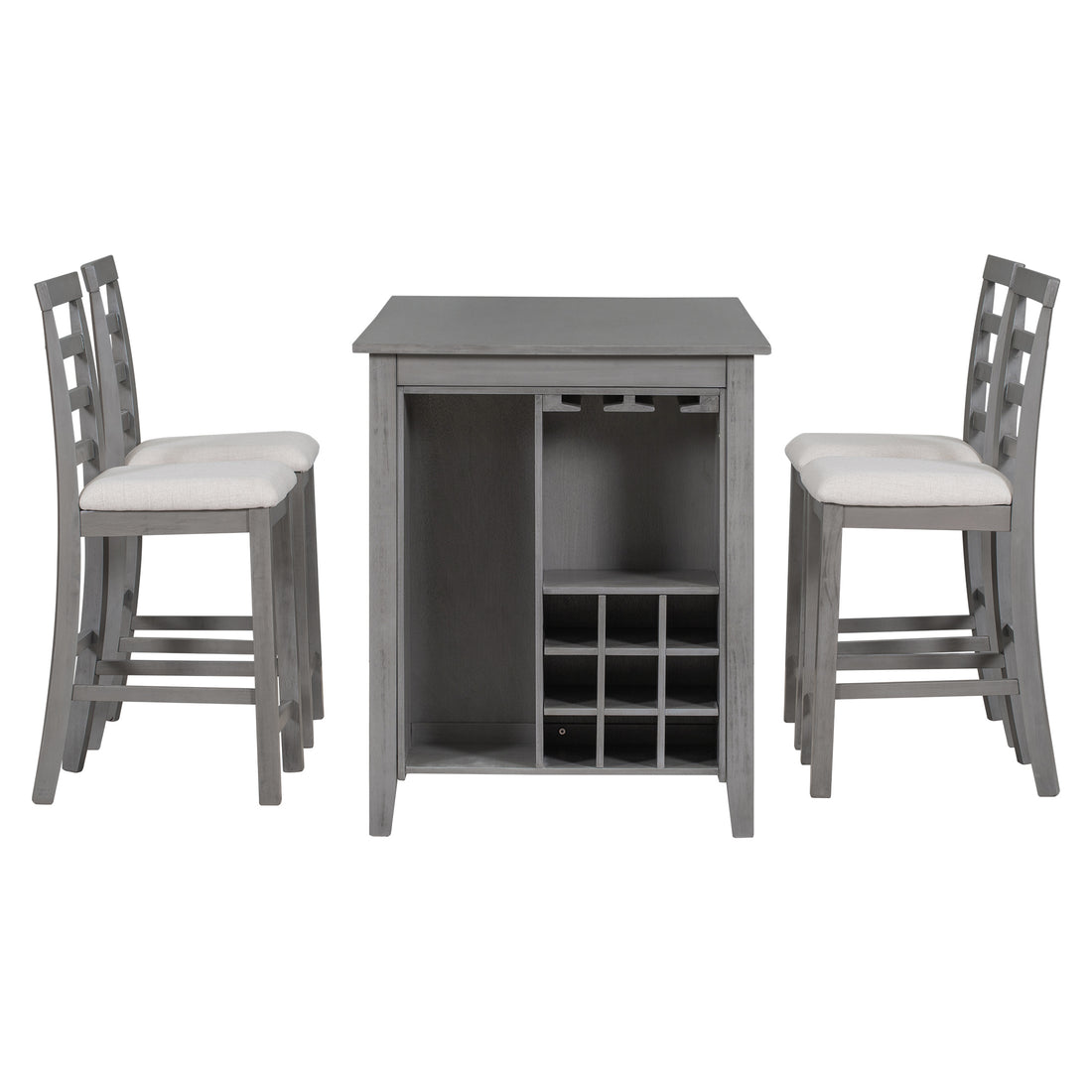 5 Piece Multi Functional Rubber Wood Counter Height Dining Set With Padded Chairs And Integrated 9 Bar Wine Compartment, Wineglass Holders For Dining Room Gray Gray Solid Wood