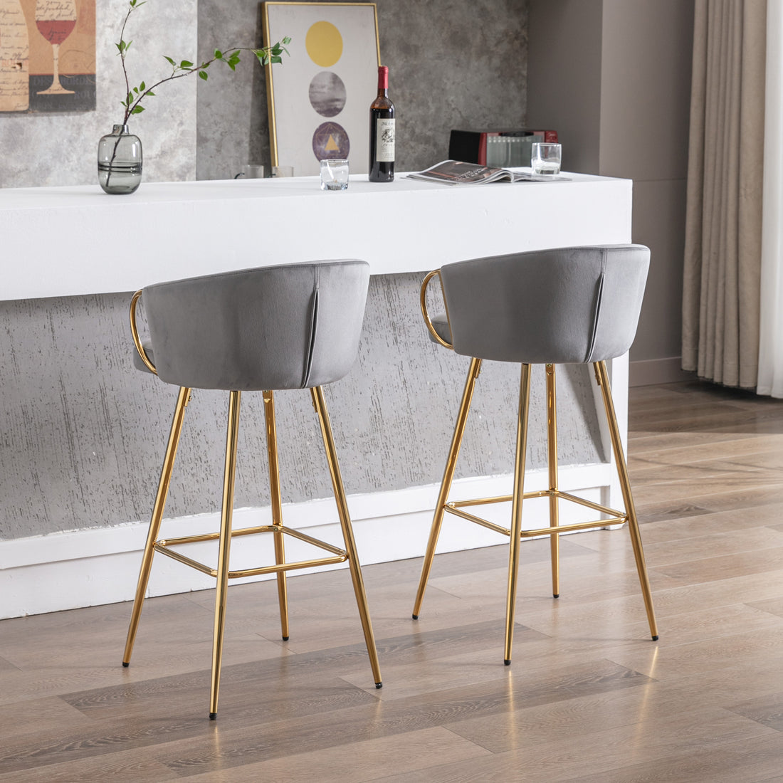 30 Inch Set Of 2 Bar Stools,With Chrome Footrest And Base Velvet Golden Leg Simple Bar Stool,Gray Gray Foam Fabric