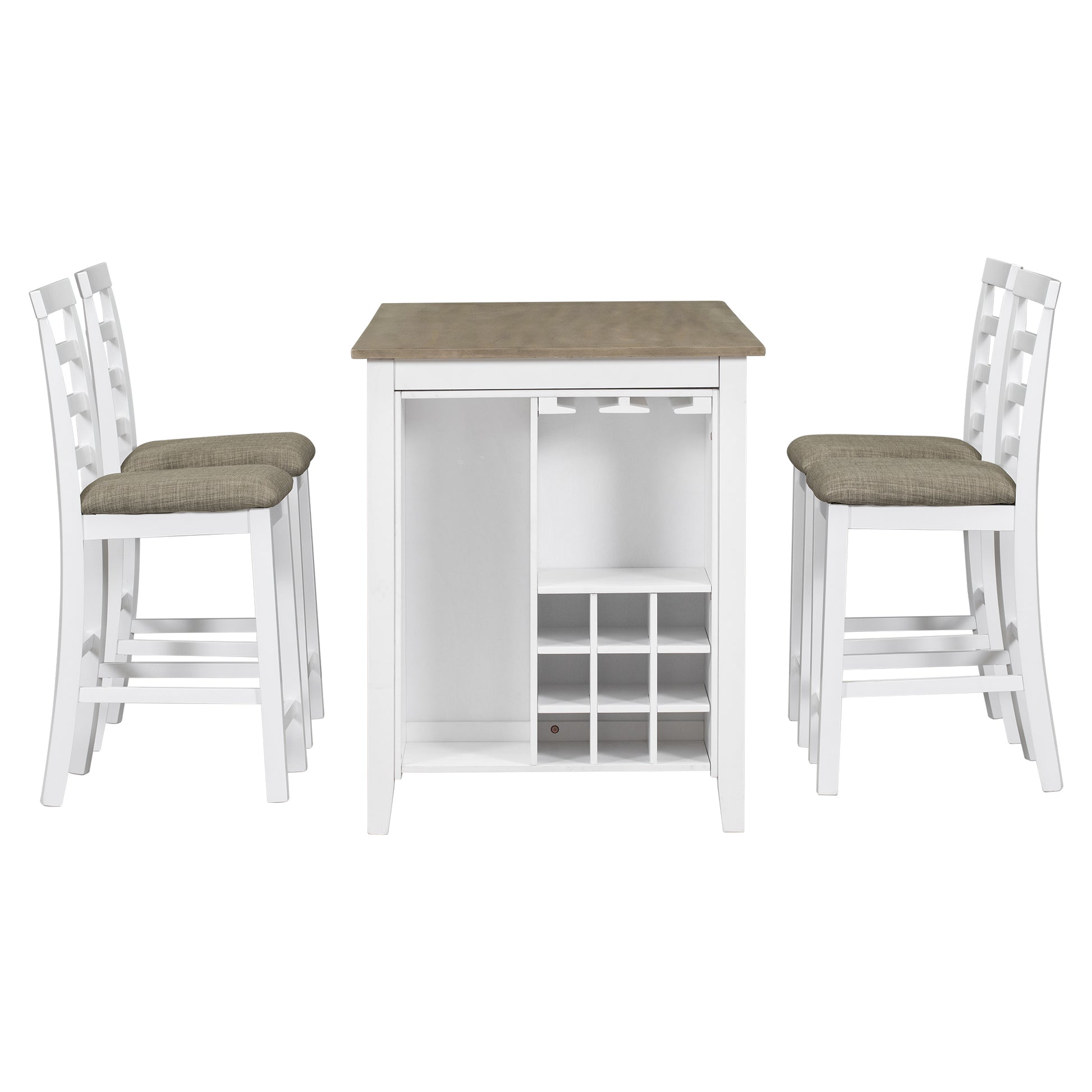 5 Piece Multi Functional Rubber Wood Counter Height Dining Set With Padded Chairs And Integrated 9 Bar Wine Compartment, Wineglass Holders For Dining Room Brown White Wash Brown Whitewash Solid Wood