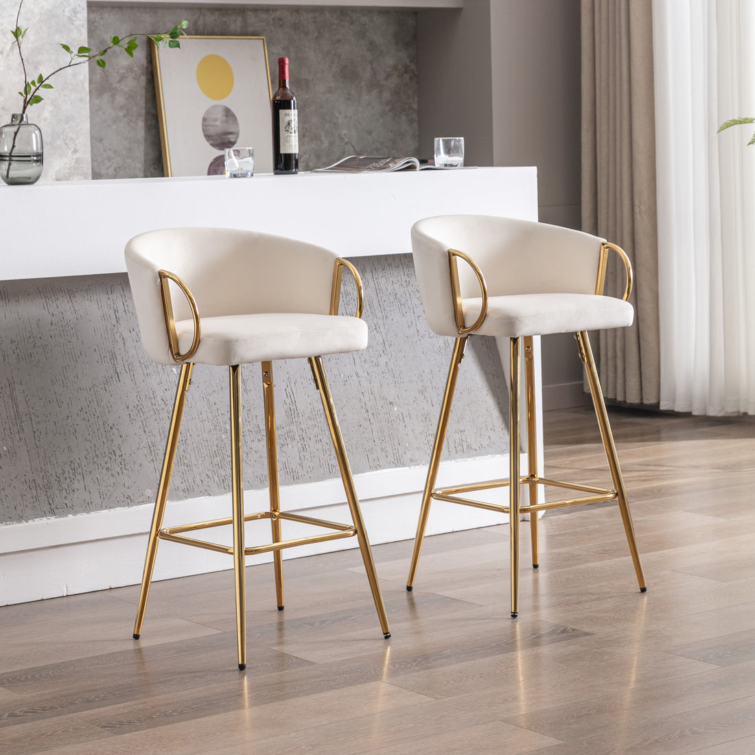 26 Inch Set Of 2 Bar Stools,With Chrome Footrest And Base Velvet Golden Leg Simple Bar Stoo,Cream Cream Foam Fabric