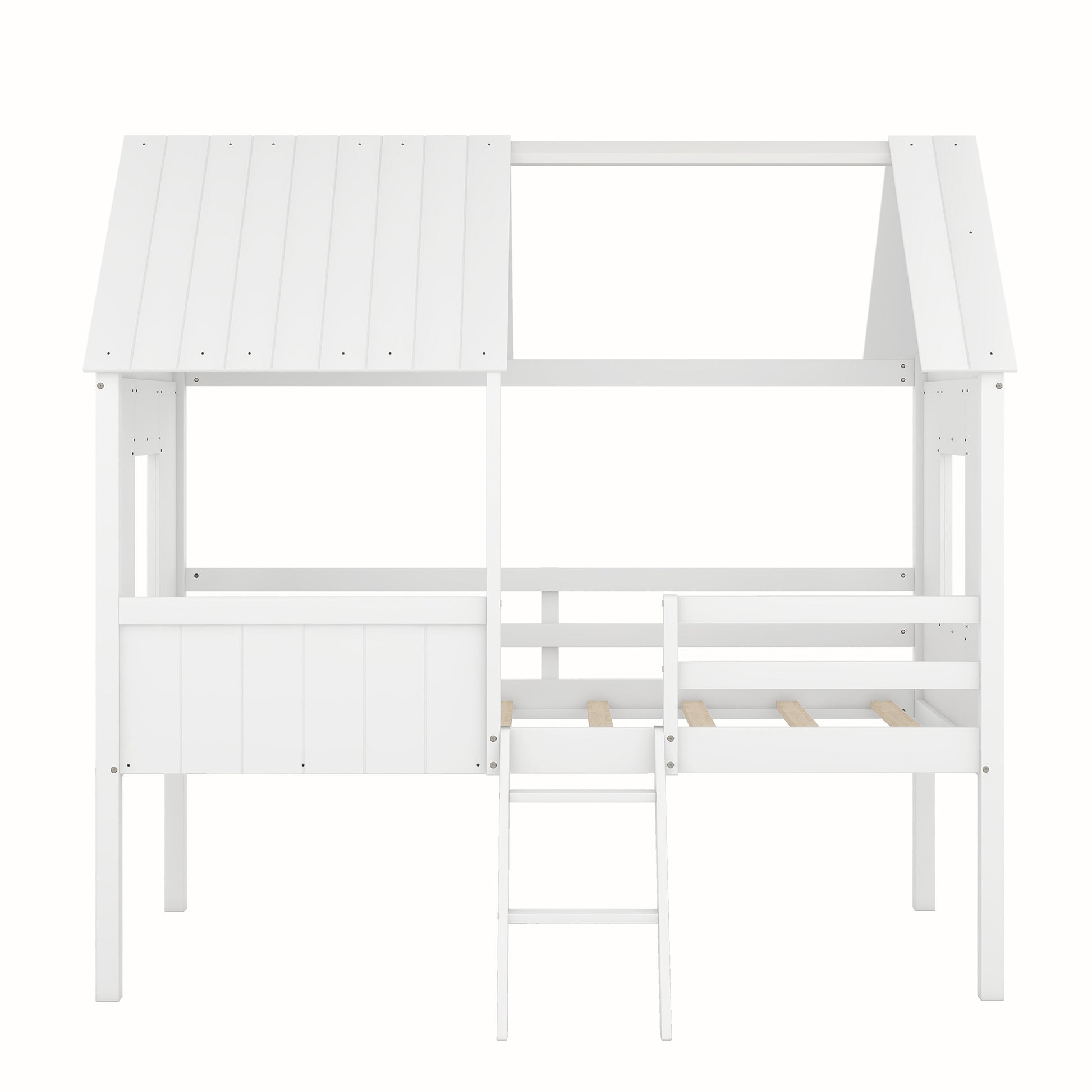 Twin Size Low Loft Wood House Bed With Two Side Windows White Old Sku: Lp000037Aak White Solid Wood