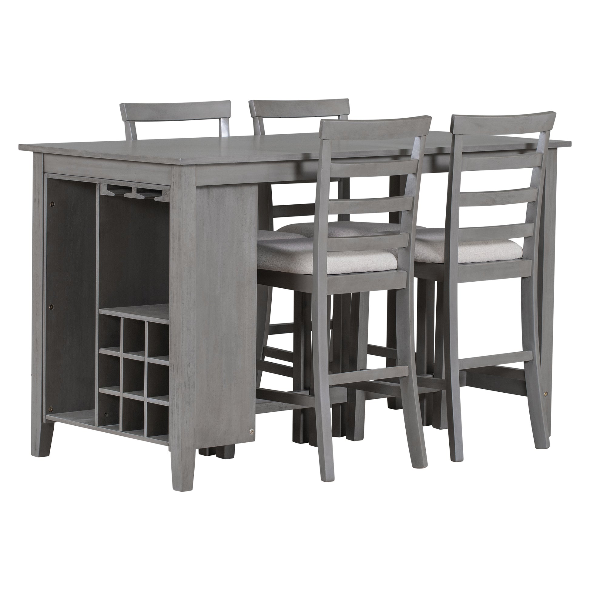 5 Piece Multi Functional Rubber Wood Counter Height Dining Set With Padded Chairs And Integrated 9 Bar Wine Compartment, Wineglass Holders For Dining Room Gray Gray Solid Wood