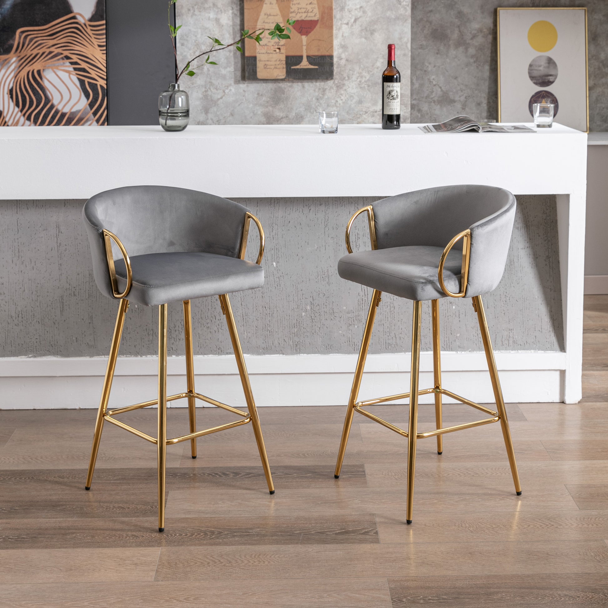 26 Inch Set Of 2 Bar Stools,With Chrome Footrest And Base Velvet Golden Leg Simple Bar Stool,Gray Gray Foam Fabric