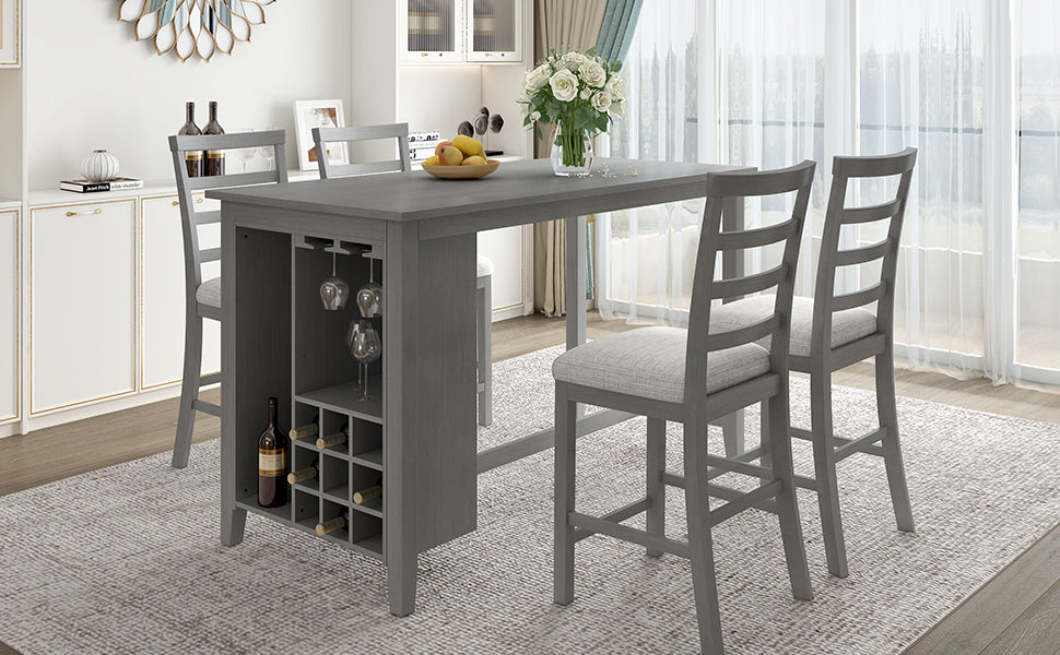 5 Piece Multi Functional Rubber Wood Counter Height Dining Set With Padded Chairs And Integrated 9 Bar Wine Compartment, Wineglass Holders For Dining Room Gray Gray Solid Wood