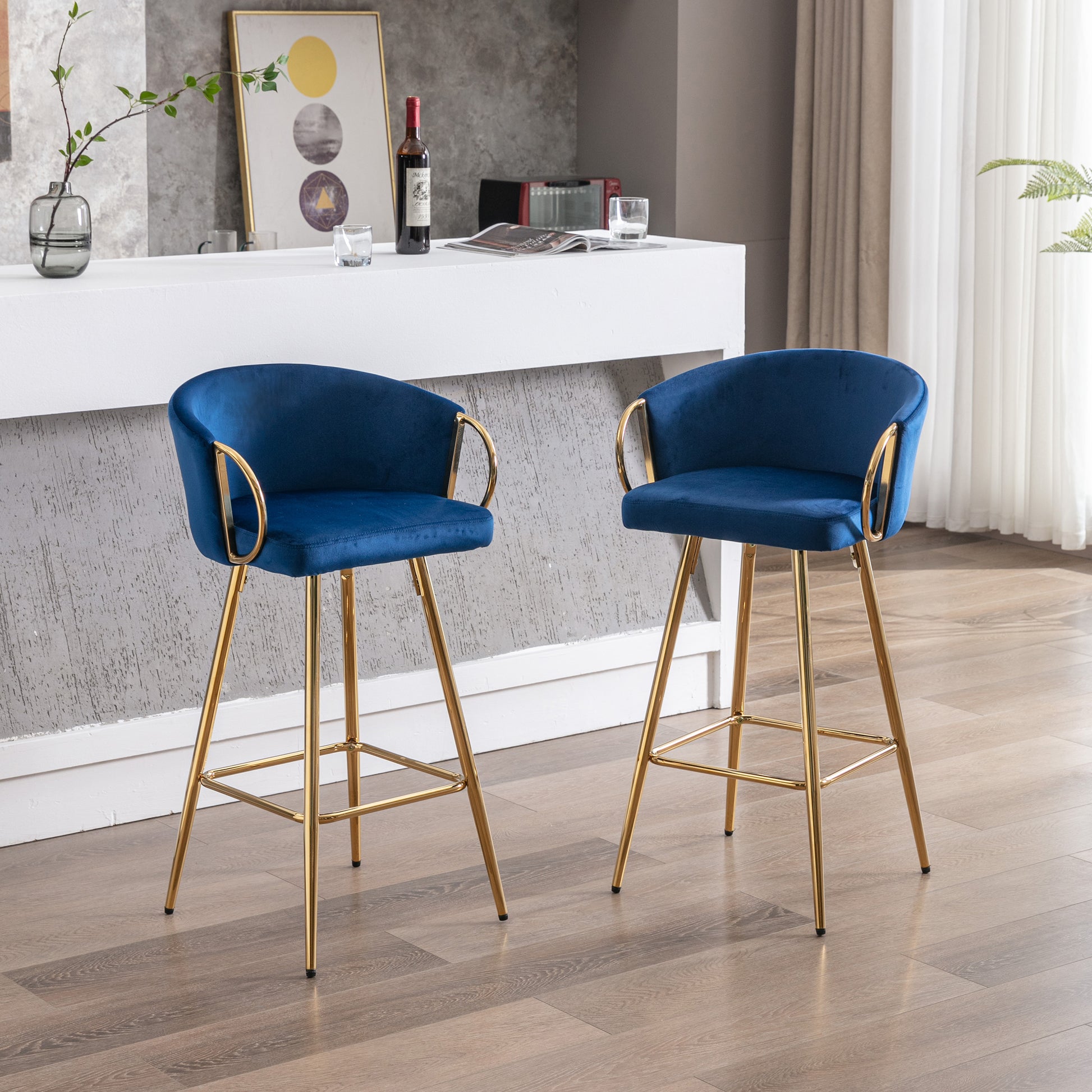 26 Inch Set Of 2 Bar Stools,With Chrome Footrest Velvet Golden Leg Simple Bar Stool,Blue Blue Foam Fabric