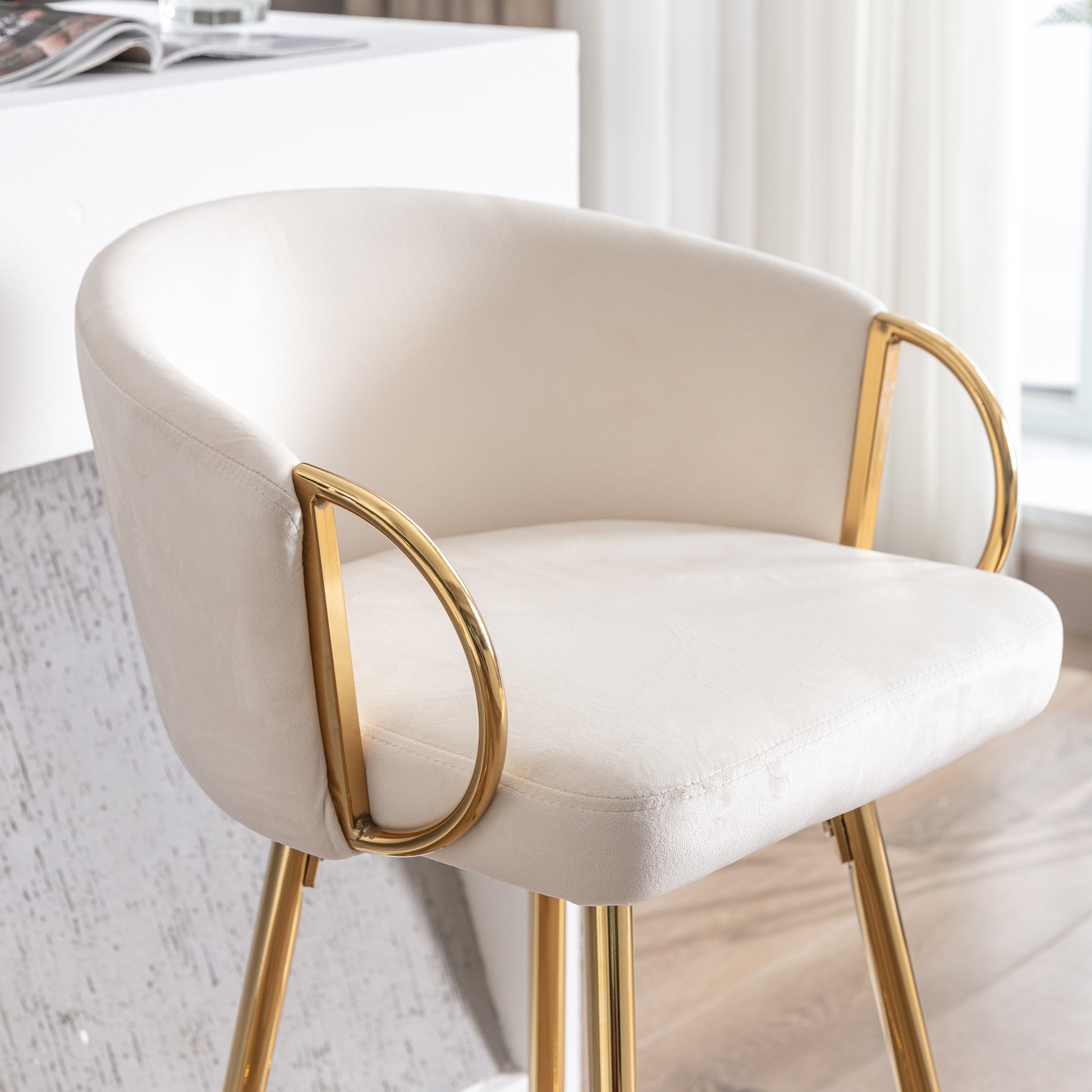 30 Inch Set Of 2 Bar Stools,With Chrome Footrest And Base Velvet Golden Leg Simple Bar Stool,Cream Cream Foam Fabric