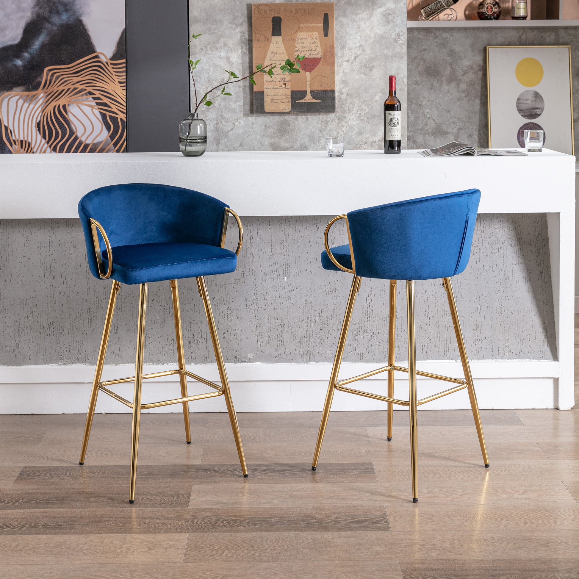 26 Inch Set Of 2 Bar Stools,With Chrome Footrest Velvet Golden Leg Simple Bar Stool,Blue Blue Foam Fabric