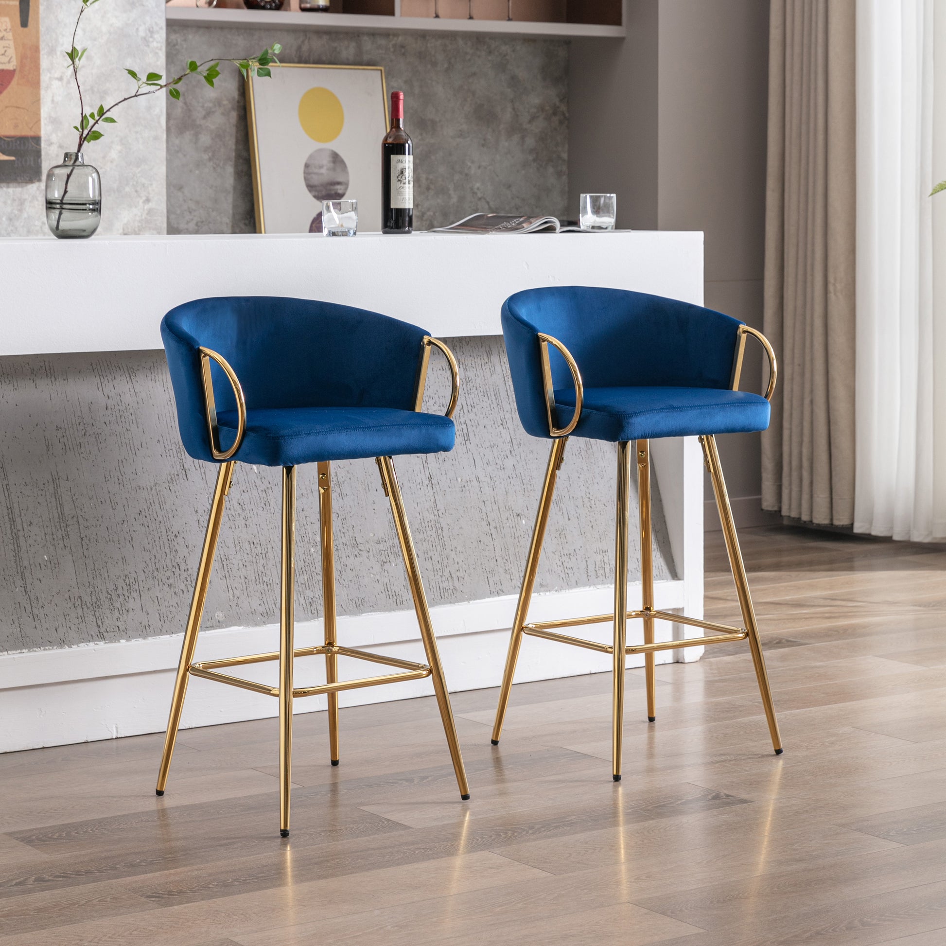 30 Inch Set Of 2 Bar Stools,With Chrome Footrest And Base Velvet Golden Leg Simple Bar Stool,Blue Blue Foam Fabric