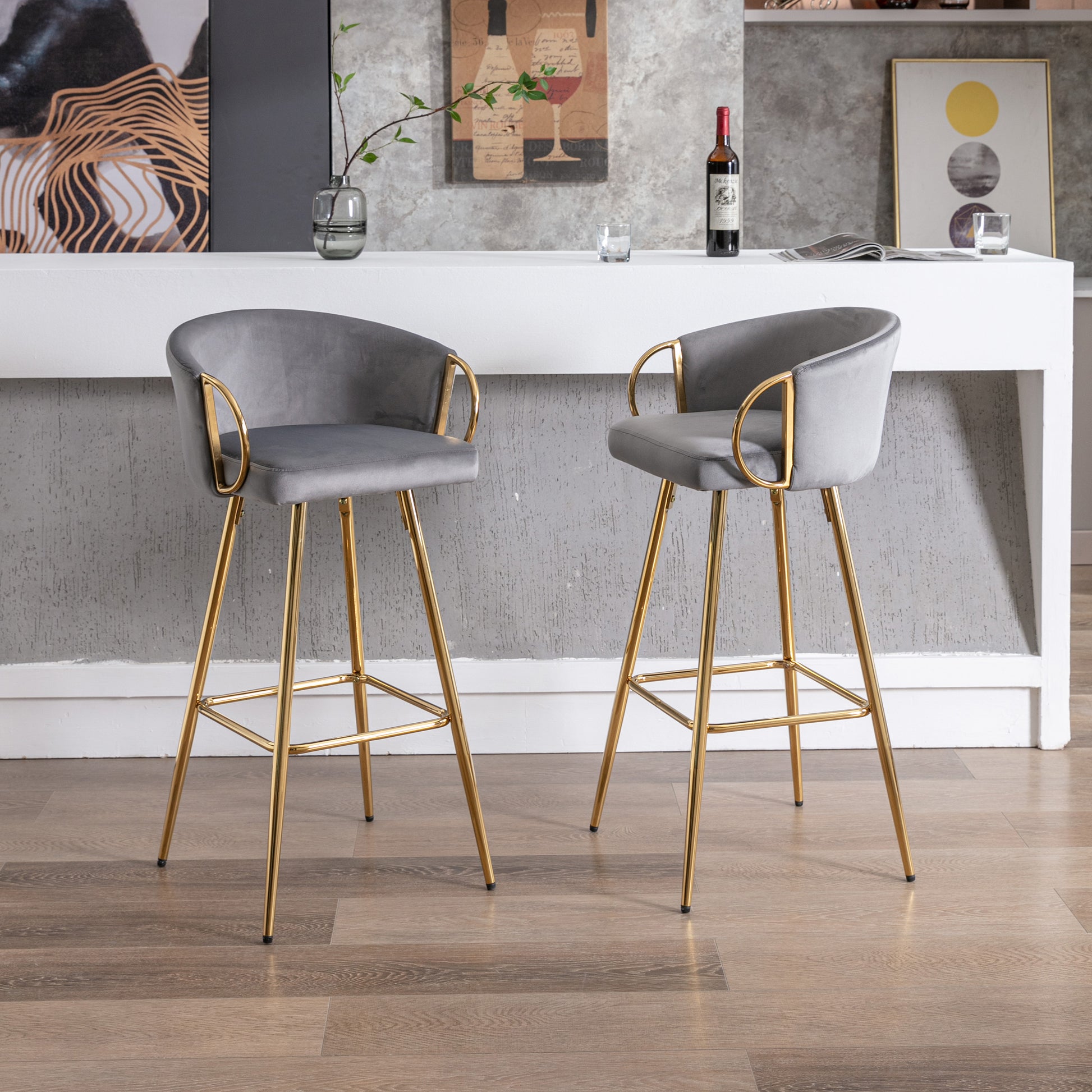 30 Inch Set Of 2 Bar Stools,With Chrome Footrest And Base Velvet Golden Leg Simple Bar Stool,Gray Gray Foam Fabric