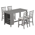 5 Piece Multi Functional Rubber Wood Counter Height Dining Set With Padded Chairs And Integrated 9 Bar Wine Compartment, Wineglass Holders For Dining Room Gray Gray Solid Wood