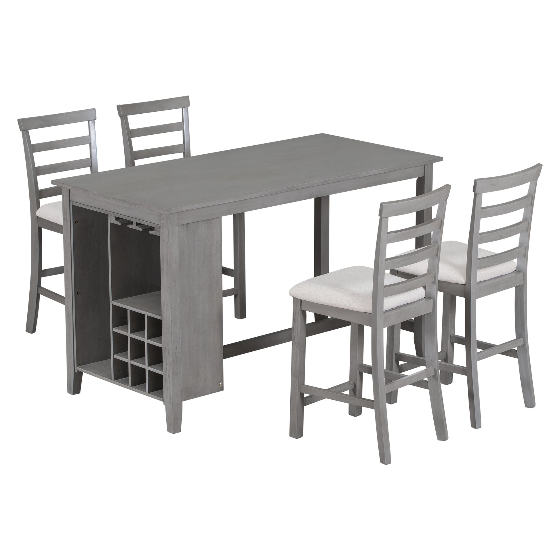 5 Piece Multi Functional Rubber Wood Counter Height Dining Set With Padded Chairs And Integrated 9 Bar Wine Compartment, Wineglass Holders For Dining Room Gray Gray Solid Wood