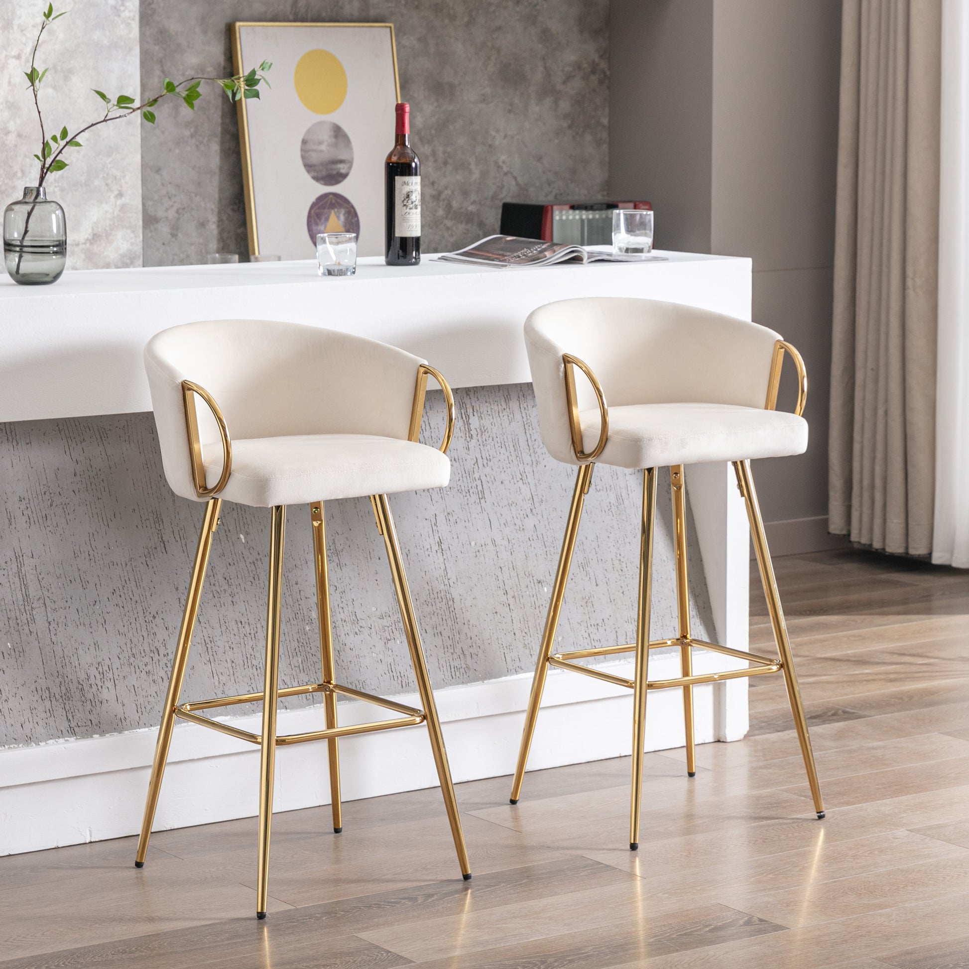 30 Inch Set Of 2 Bar Stools,With Chrome Footrest And Base Velvet Golden Leg Simple Bar Stool,Cream Cream Foam Fabric