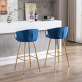 26 Inch Set Of 2 Bar Stools,With Chrome Footrest Velvet Golden Leg Simple Bar Stool,Blue Blue Foam Fabric