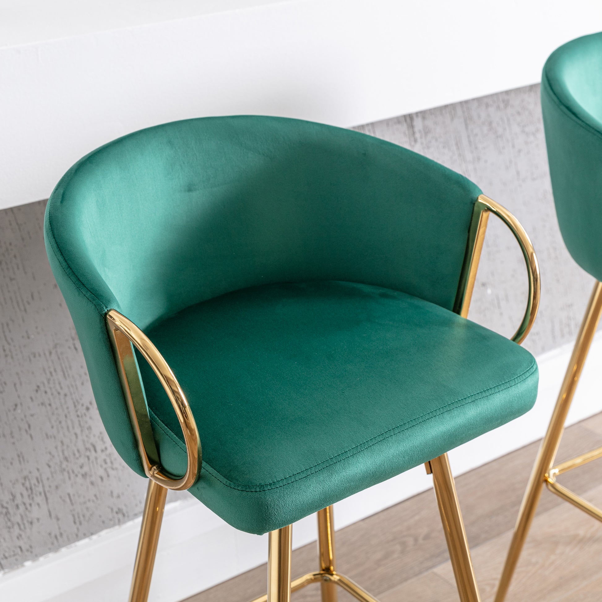 26 Inch Set Of 2 Bar Stools,With Chrome Footrest And Base Velvet Golden Leg Simple Bar Stool,Green Green Foam Fabric