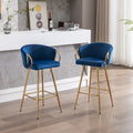30 Inch Set Of 2 Bar Stools,With Chrome Footrest And Base Velvet Golden Leg Simple Bar Stool,Blue Blue Foam Fabric