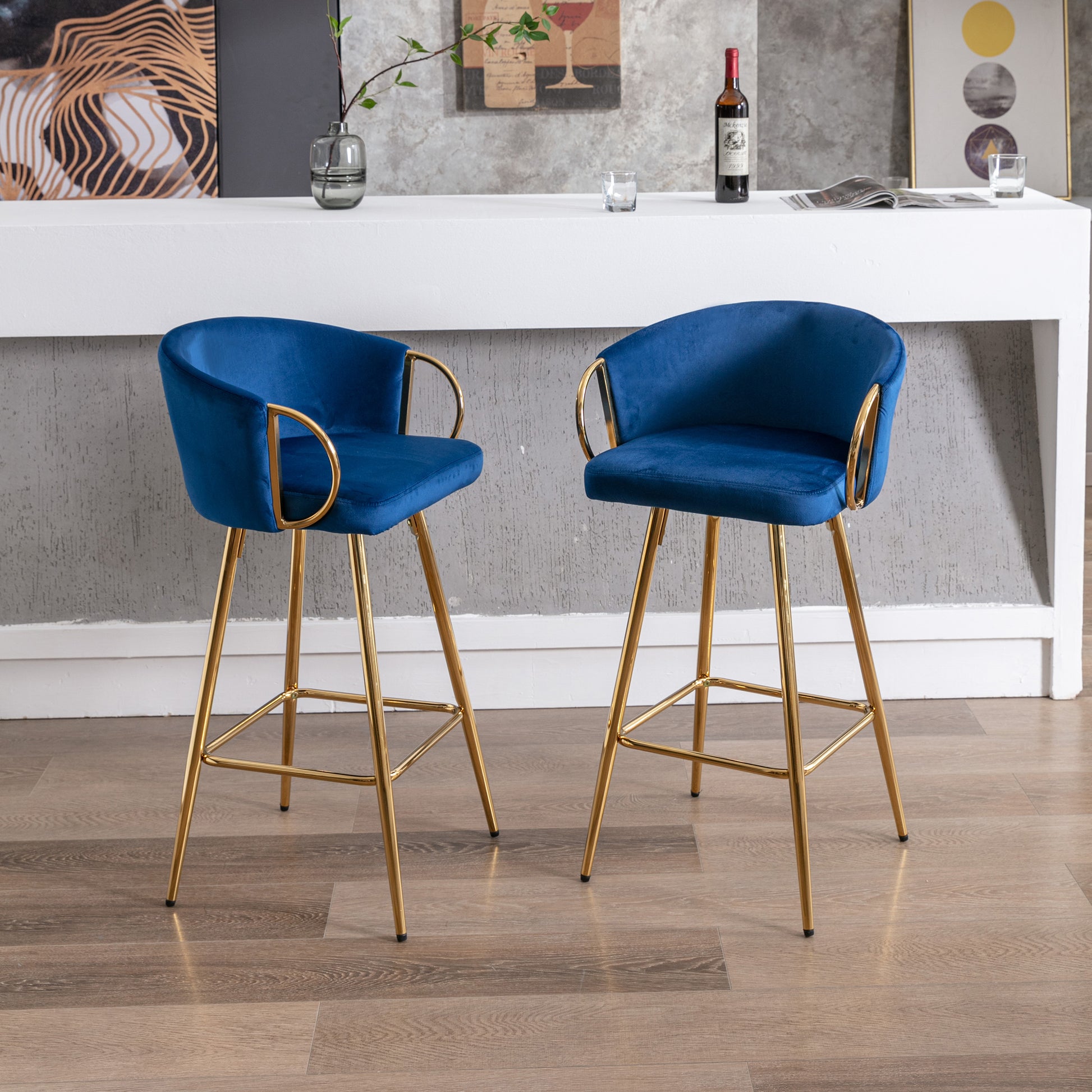 30 Inch Set Of 2 Bar Stools,With Chrome Footrest And Base Velvet Golden Leg Simple Bar Stool,Blue Blue Foam Fabric