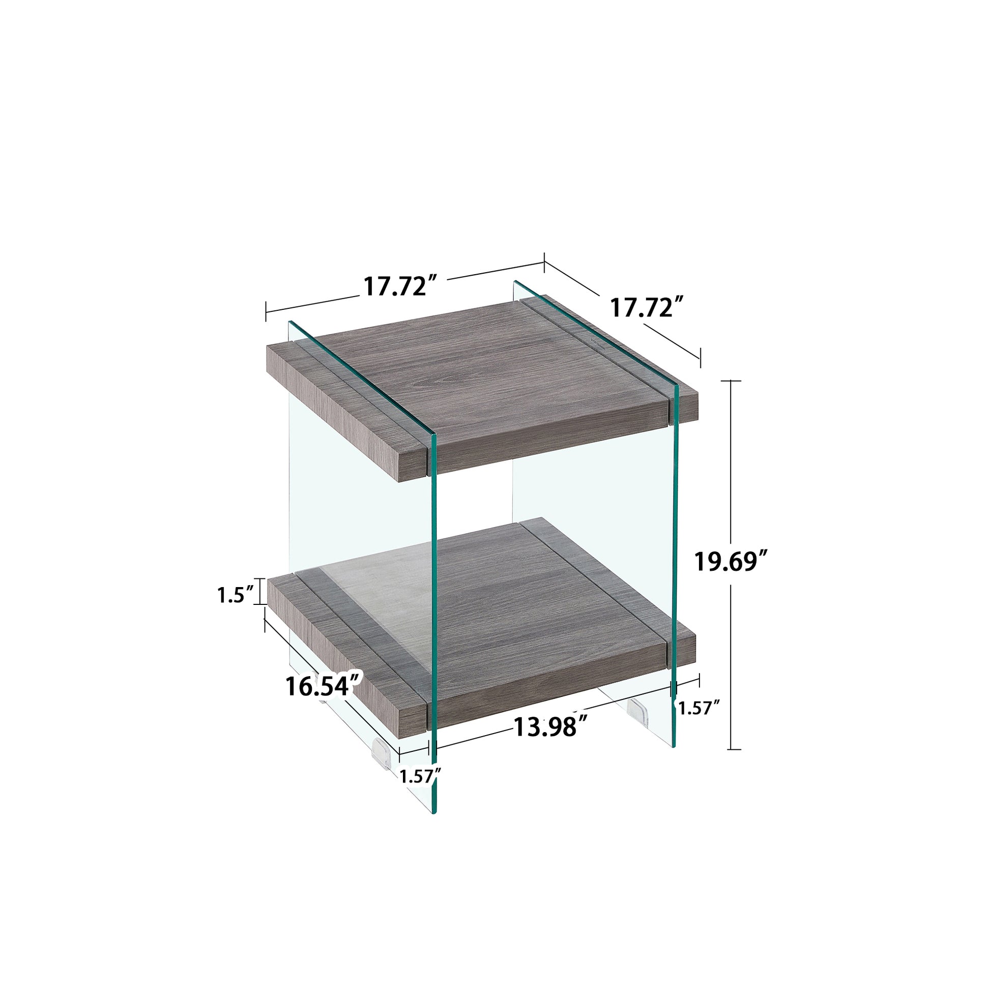 17.72" Sleek And Sturdy Tempered Glass Leg Side Table With Dual Mdf Shelves, Modern Nightstand End Table For Living Roon, Bedroom, Transparent Gray Gray Mdf Glass