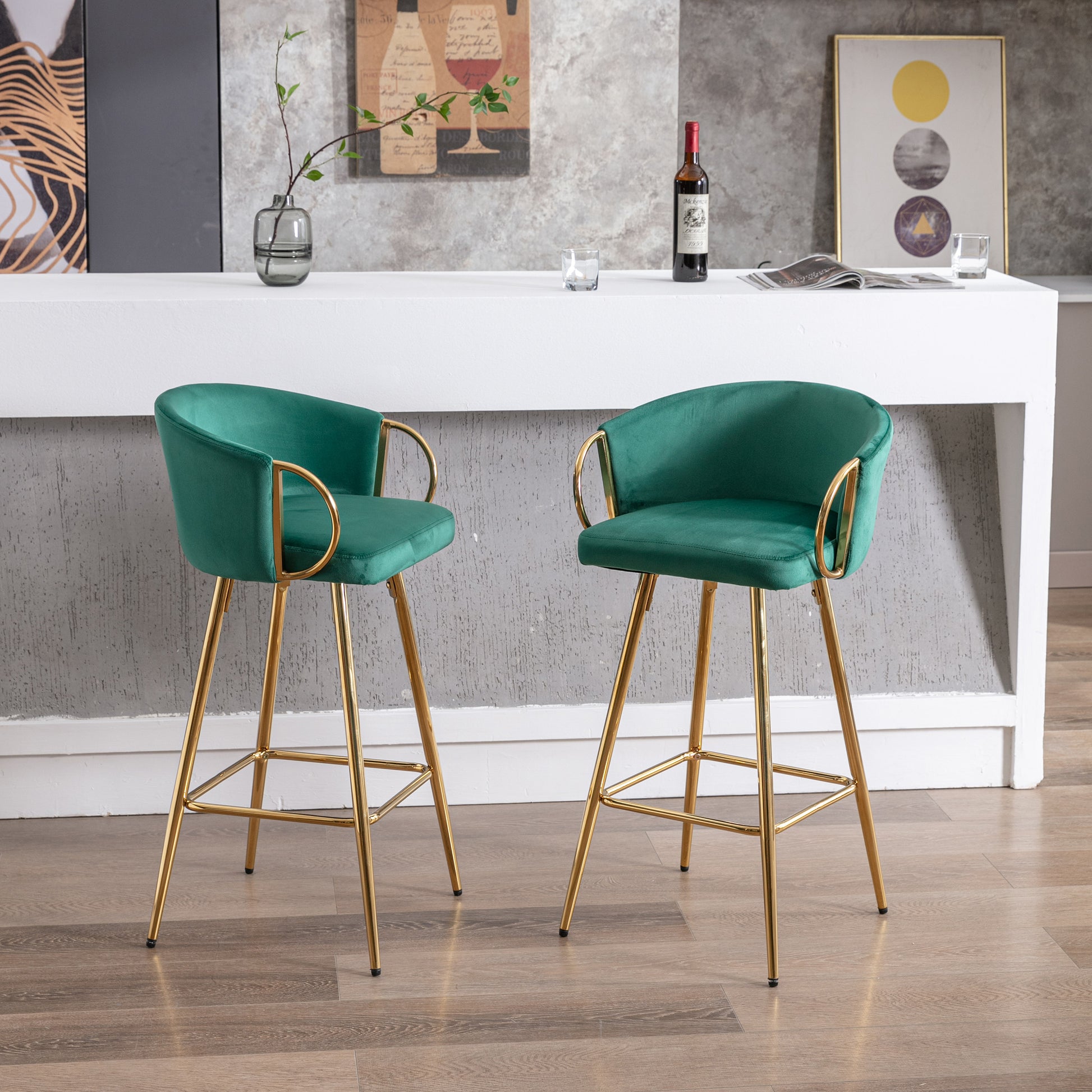 26 Inch Set Of 2 Bar Stools,With Chrome Footrest And Base Velvet Golden Leg Simple Bar Stool,Green Green Foam Fabric