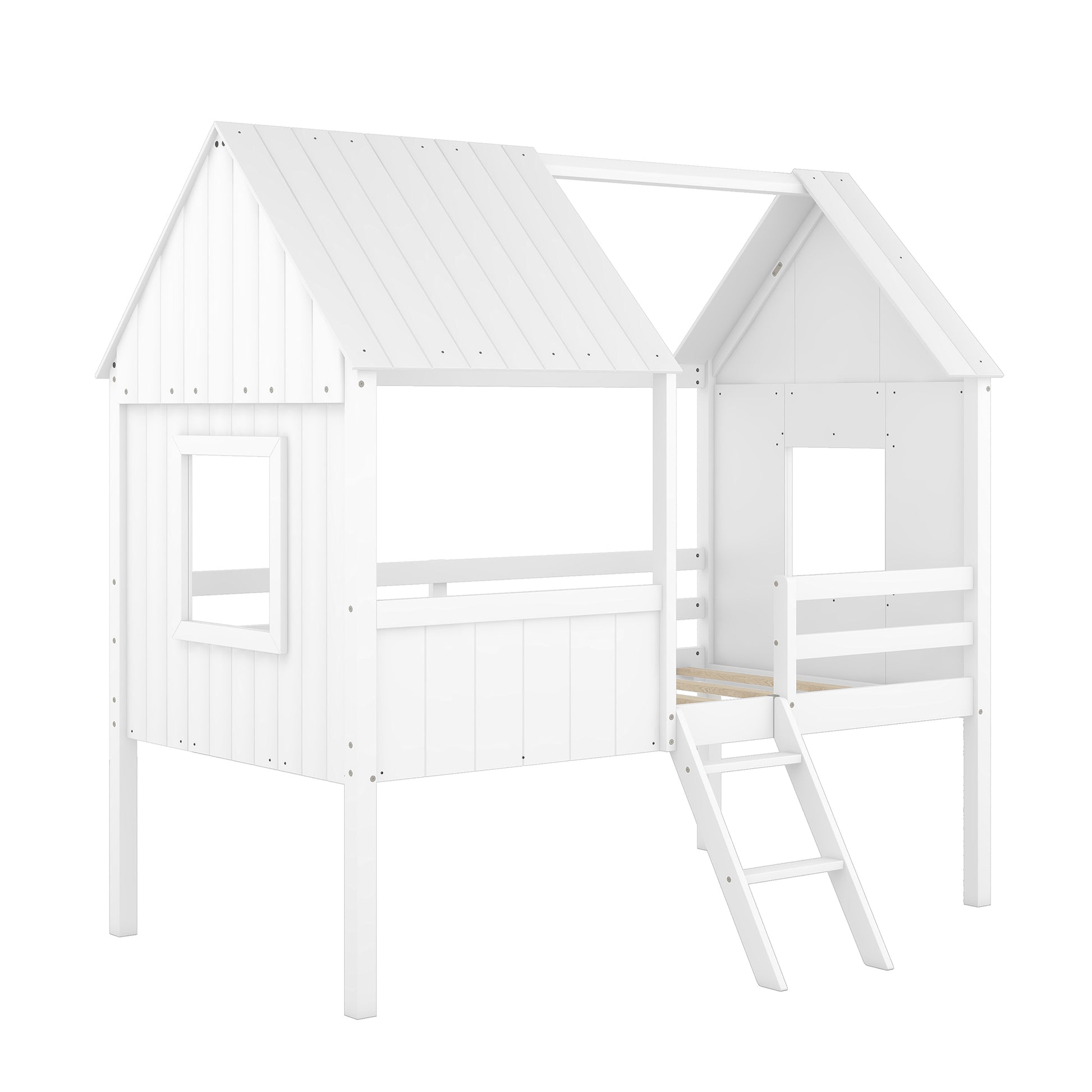 Twin Size Low Loft Wood House Bed With Two Side Windows White Old Sku: Lp000037Aak White Solid Wood