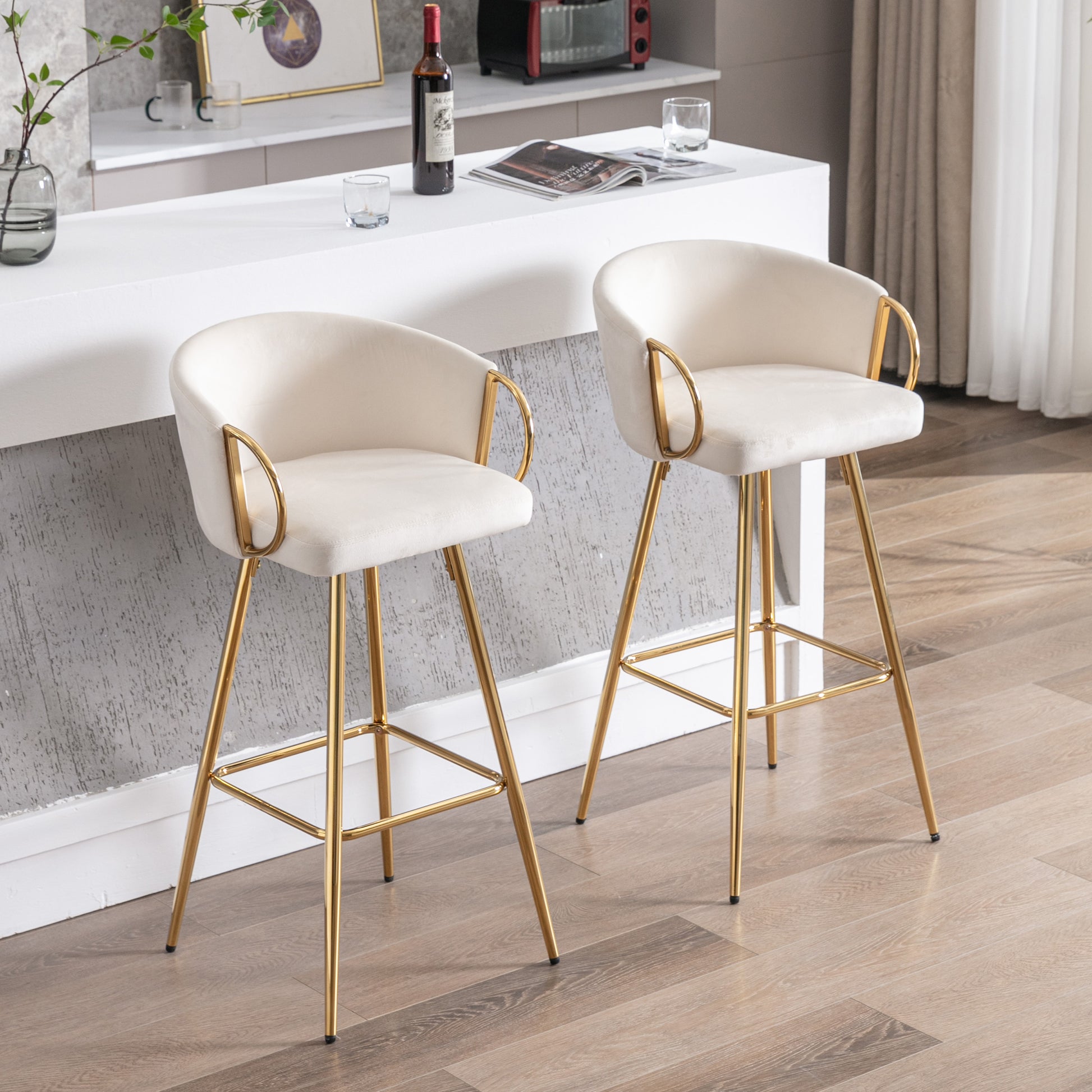 30 Inch Set Of 2 Bar Stools,With Chrome Footrest And Base Velvet Golden Leg Simple Bar Stool,Cream Cream Foam Fabric