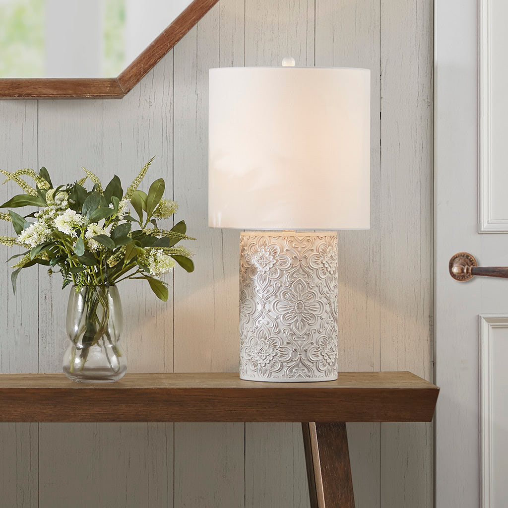 Embossed Floral Resin Table Lamp Ivory Cotton